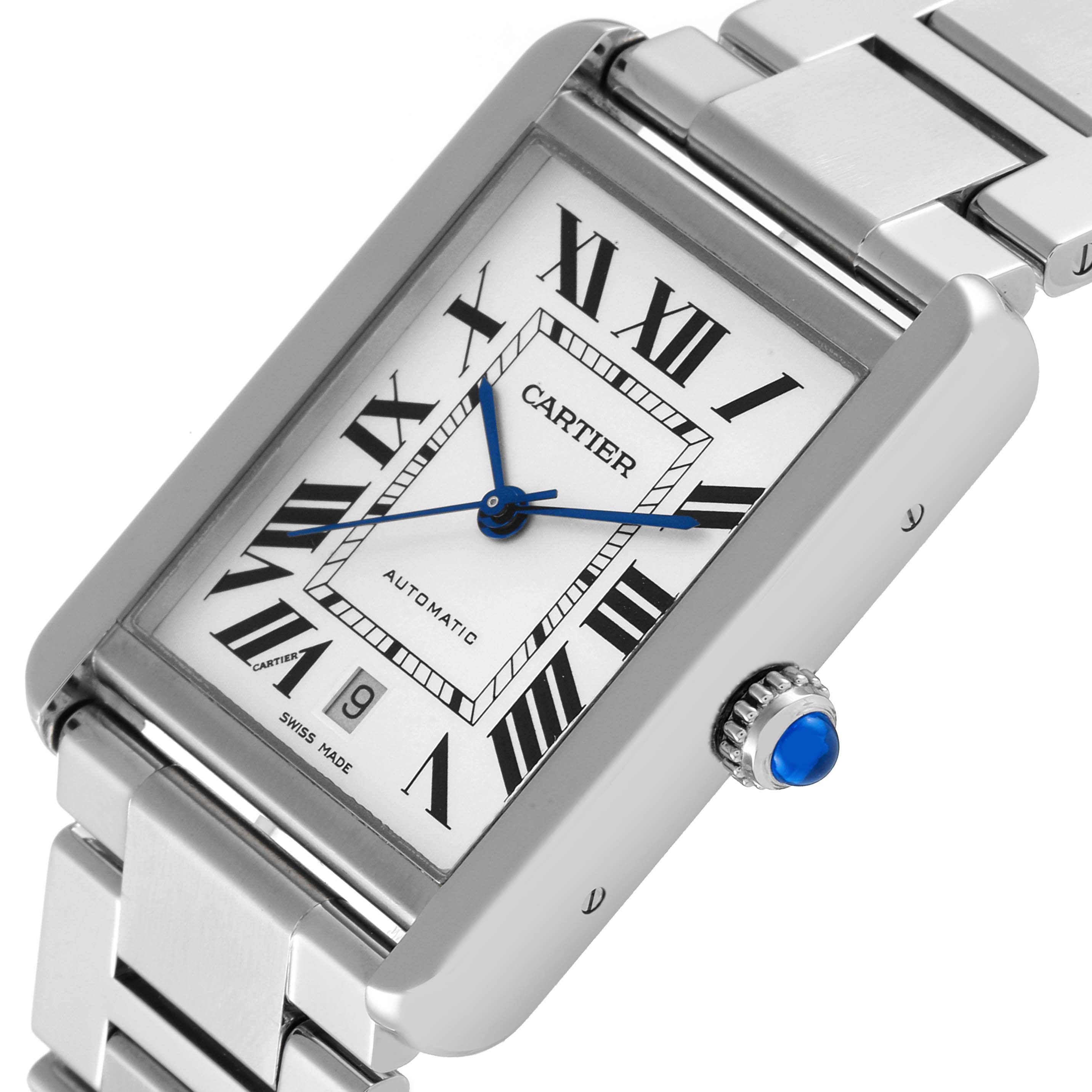 The image shows a close-up angle of the Cartier Tank Solo W5200028 Men
s Stainless Steel Silver Dial W5200028 Men
s Stainless Steel Silver Dial wristwatch, highlighting its rectangular dial, blue hands, and metal bracelet.