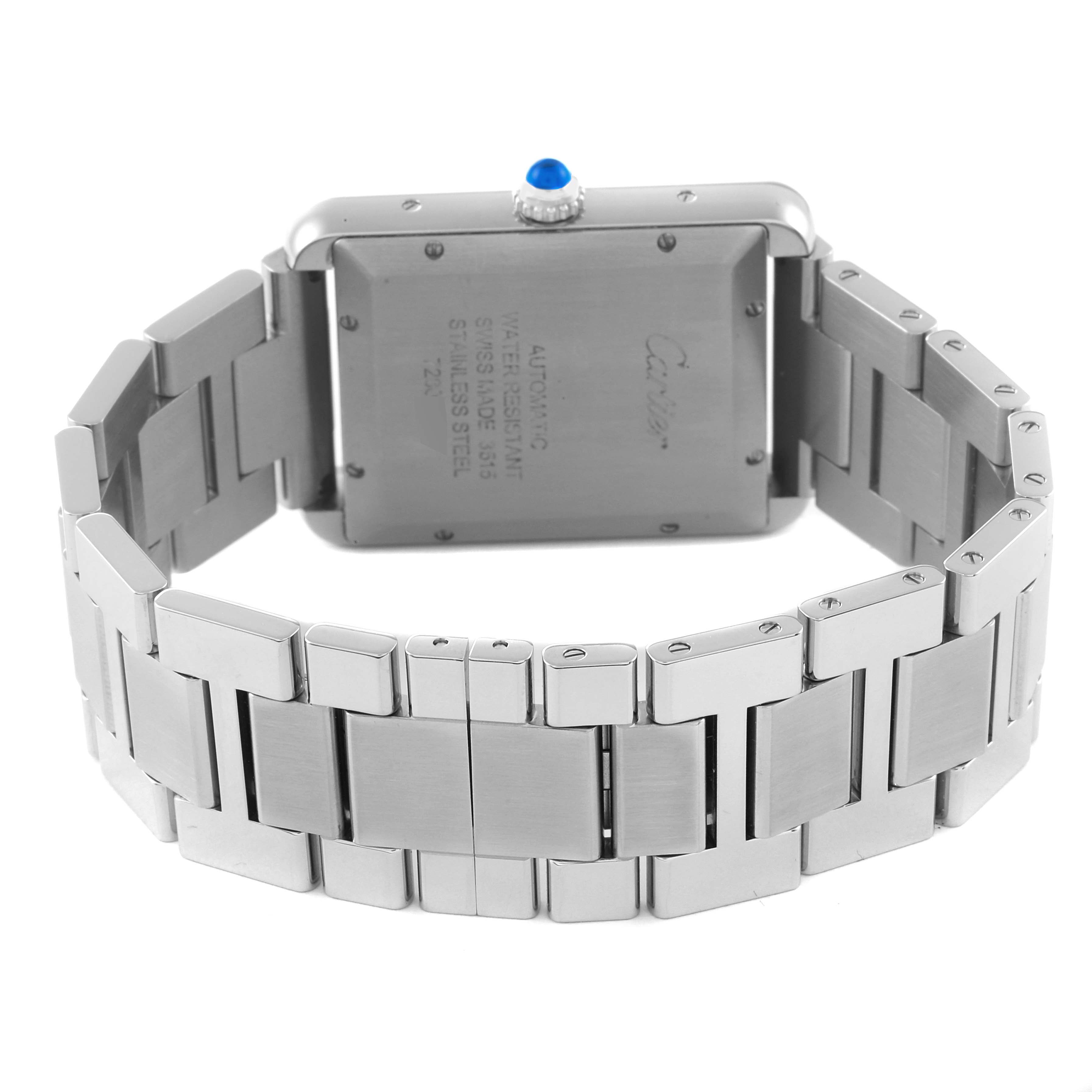 The image displays the back and bracelet of the Cartier Tank Solo W5200028 Men
s Stainless Steel Silver Dial W5200028 Men
s Stainless Steel Silver Dial watch, highlighting its stainless steel finish.