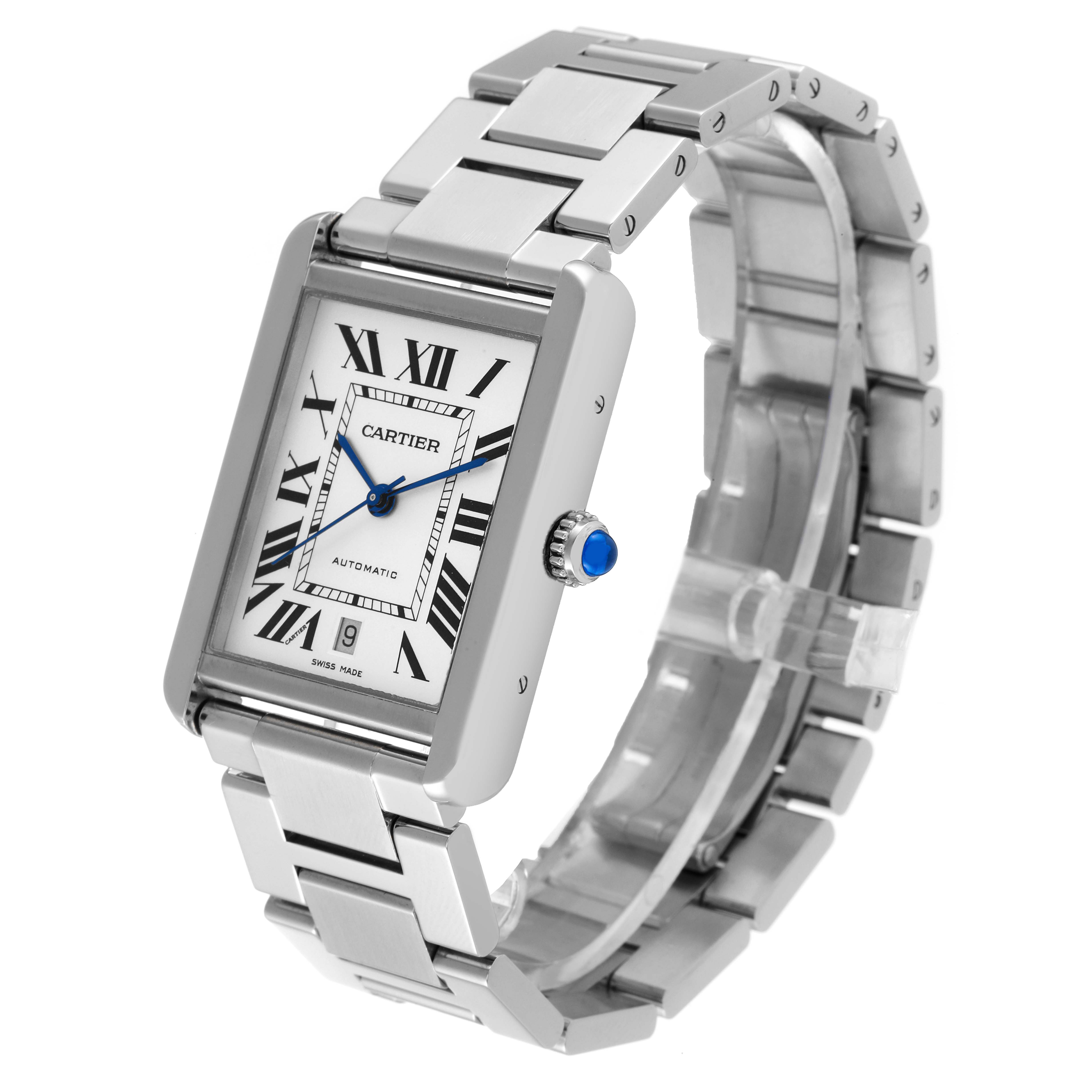 The Cartier Tank Solo W5200028 Men
s Stainless Steel Silver Dial W5200028 Men
s Stainless Steel Silver Dial watch is shown from a front-left angle, highlighting the dial, crown, and stainless steel bracelet.