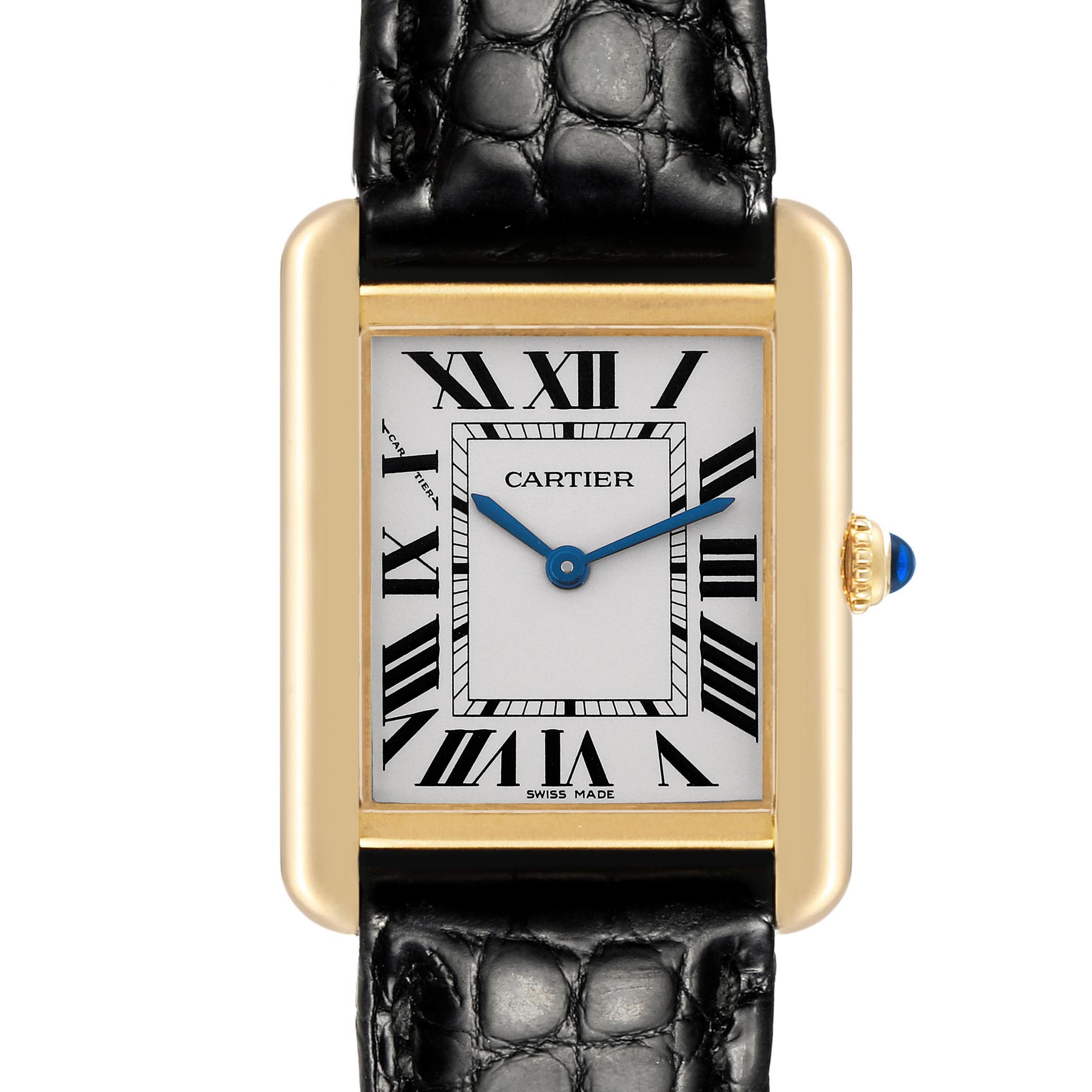 The Cartier Tank Solo W5200002 Women
s Steel and Gold (two tone) Silver Dial W5200002 Women
s Steel and Gold (two tone) Silver Dial is shown from the front, highlighting the rectangular case, Roman numerals, and blue hands.