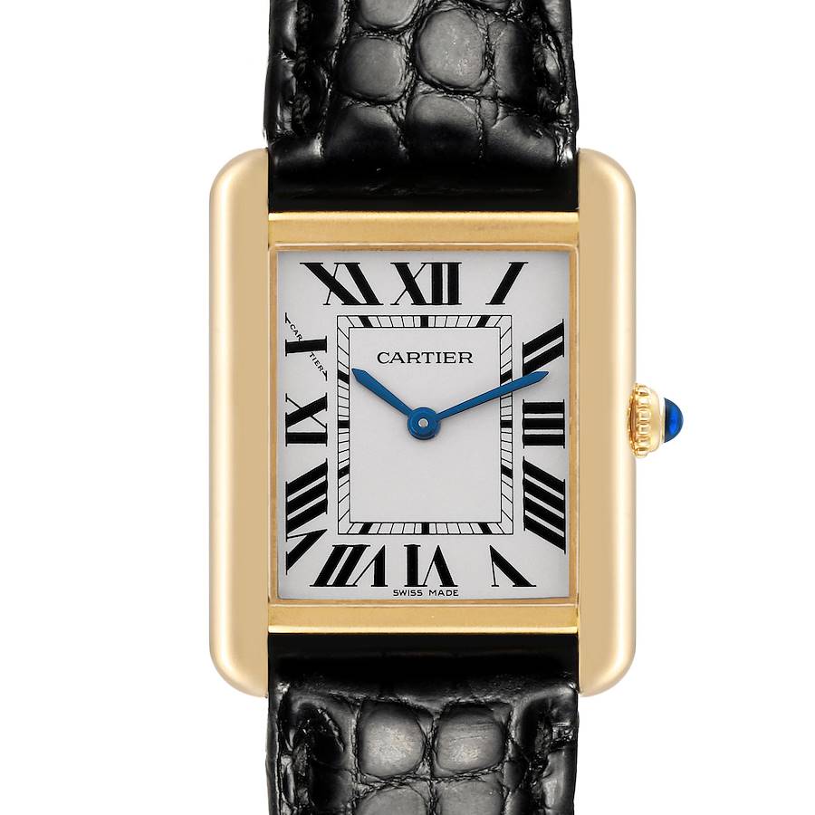 The Cartier Tank Solo is shown from the front, highlighting the rectangular case, Roman numerals, and blue hands.