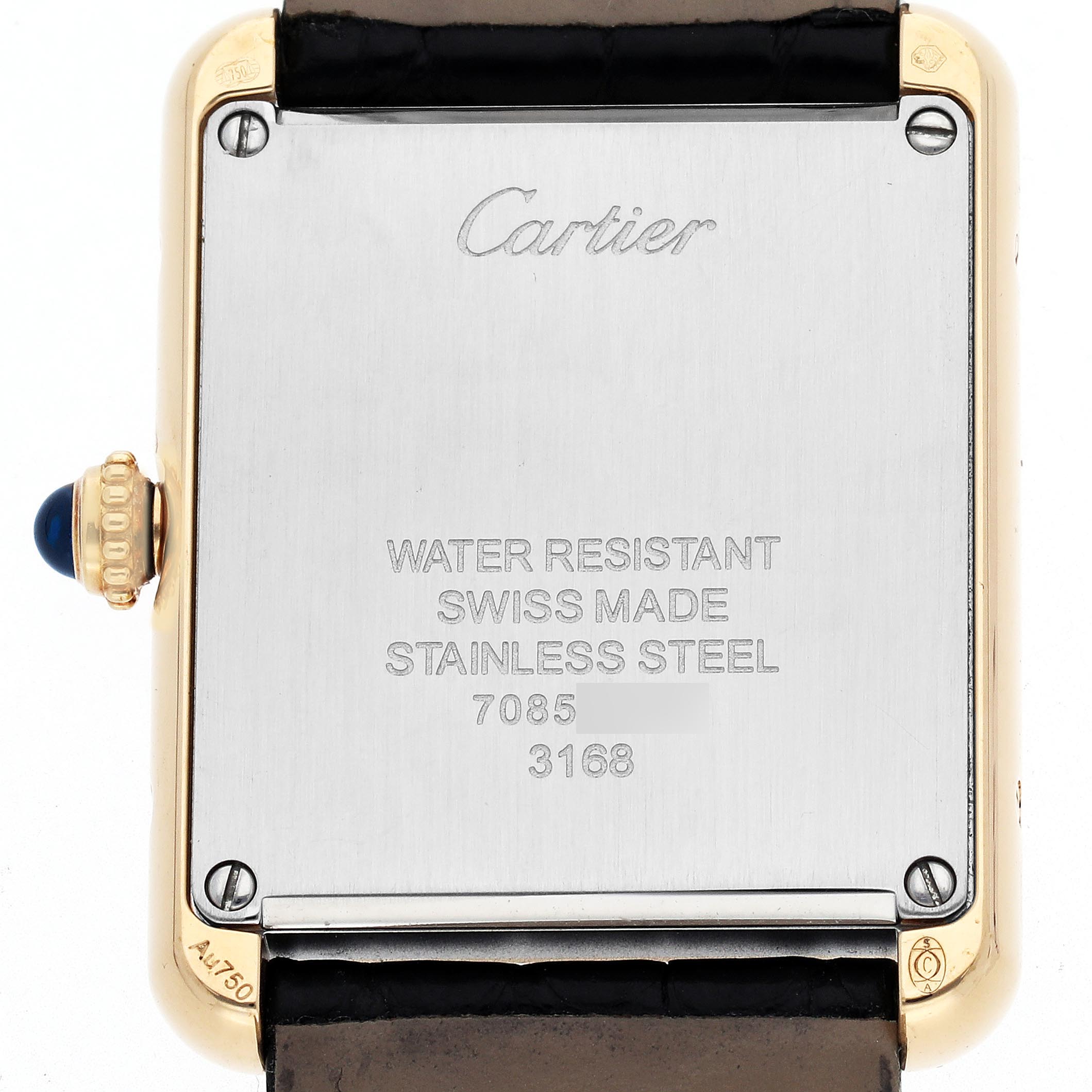 The image shows the back of a Cartier Tank Solo W5200002 Women
s Steel and Gold (two tone) Silver Dial W5200002 Women
s Steel and Gold (two tone) Silver Dial watch, highlighting its stainless steel case and crown with a blue cabochon.