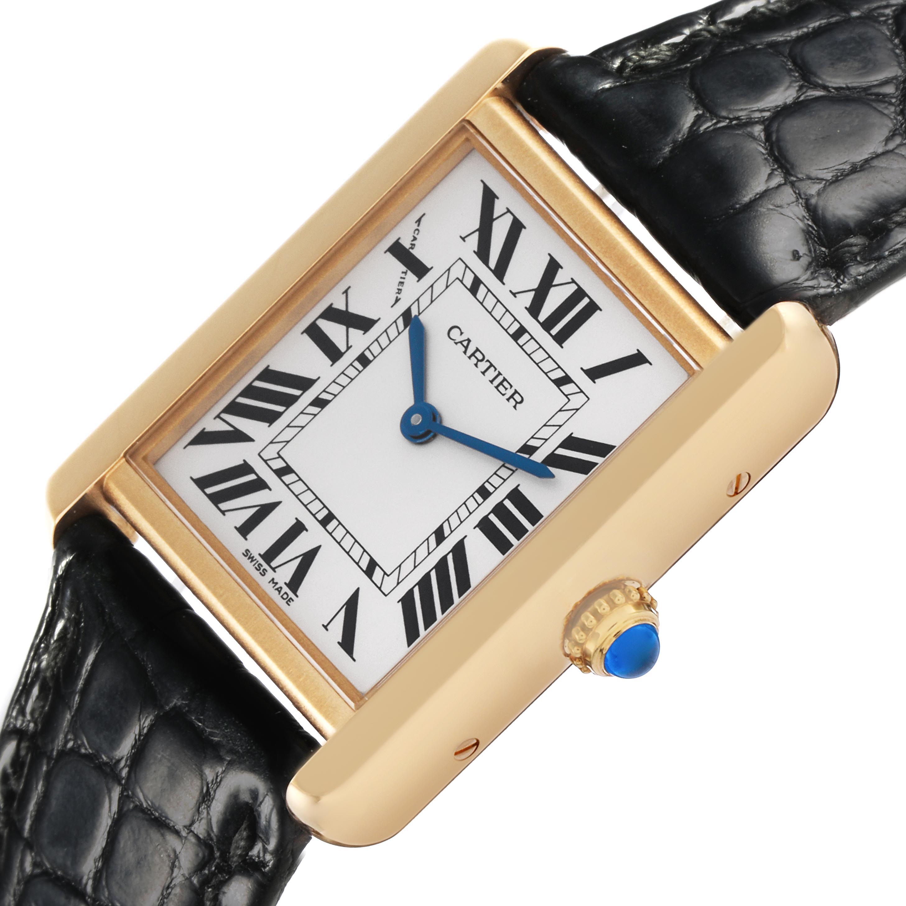 The Cartier Tank Solo W5200002 Women
s Steel and Gold (two tone) Silver Dial W5200002 Women
s Steel and Gold (two tone) Silver Dial watch is shown at an angle emphasizing its rectangular face, Roman numerals, and leather strap.