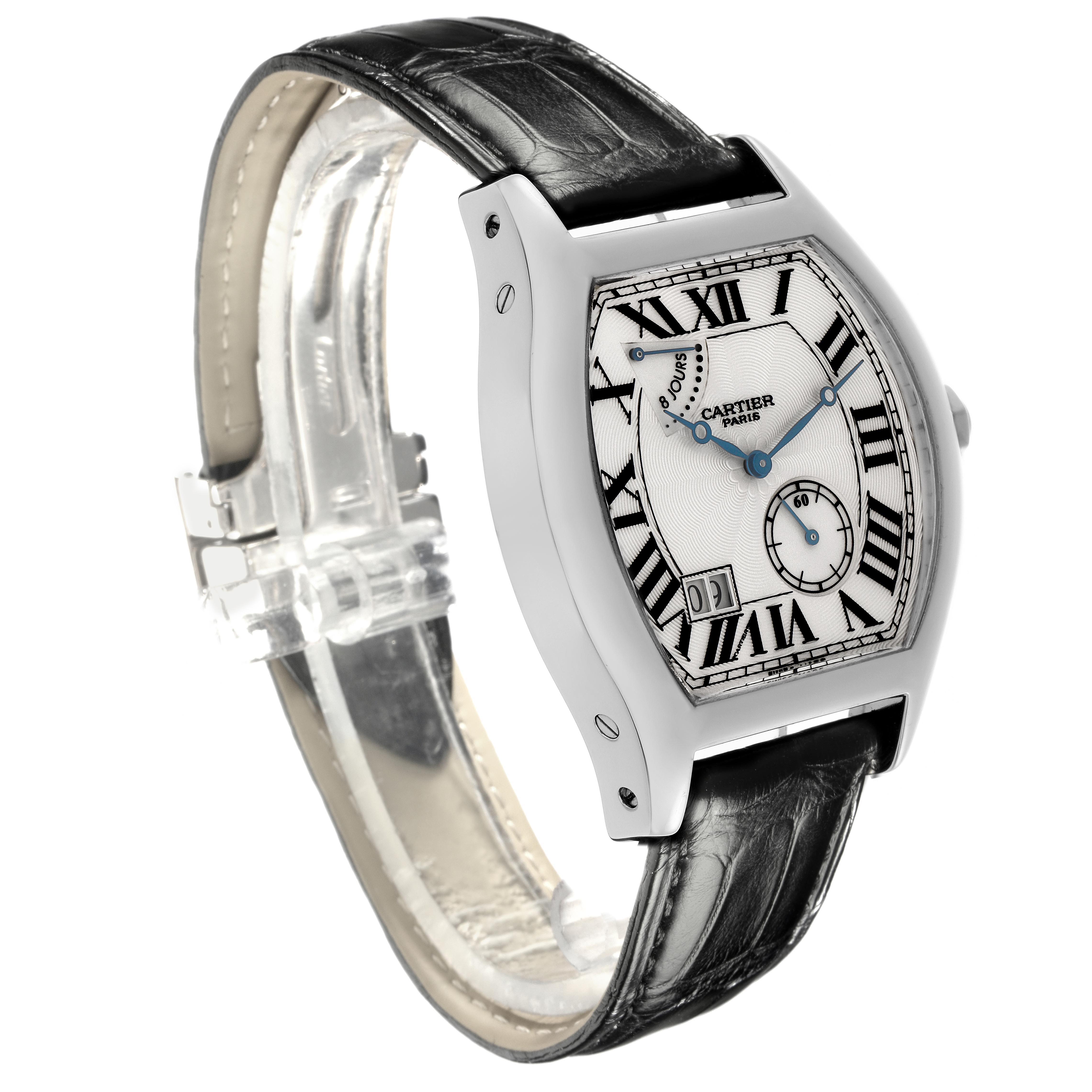 The Cartier Tortue W1545951 Men
s White Gold Silver Dial W1545951 Men
s White Gold Silver Dial watch is shown at a three-quarter angle, highlighting the face, Roman numerals, and black leather strap.