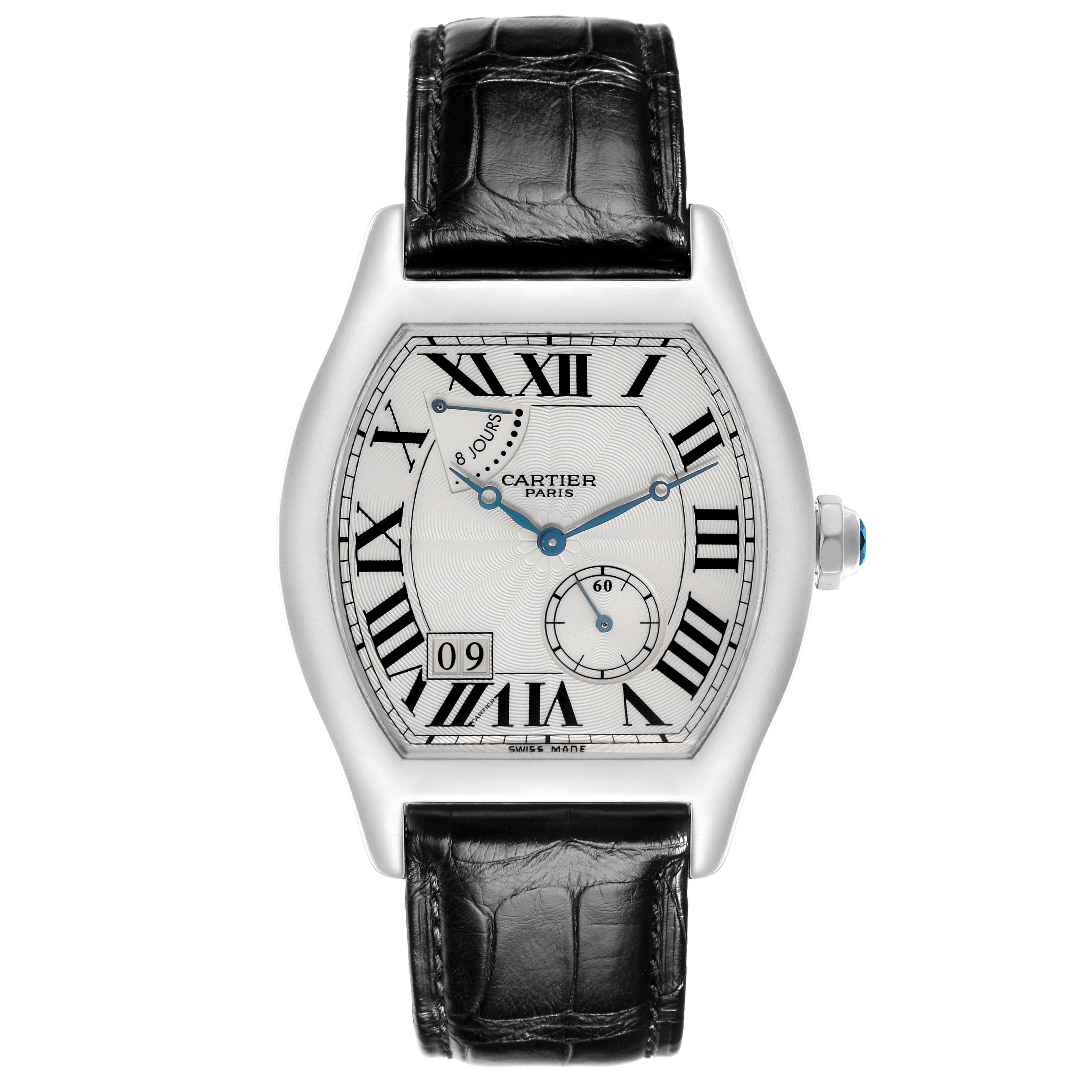 The Cartier Tortue W1545951 Men
s White Gold Silver Dial W1545951 Men
s White Gold Silver Dial watch is shown from the front, displaying the face, case, and black leather strap.