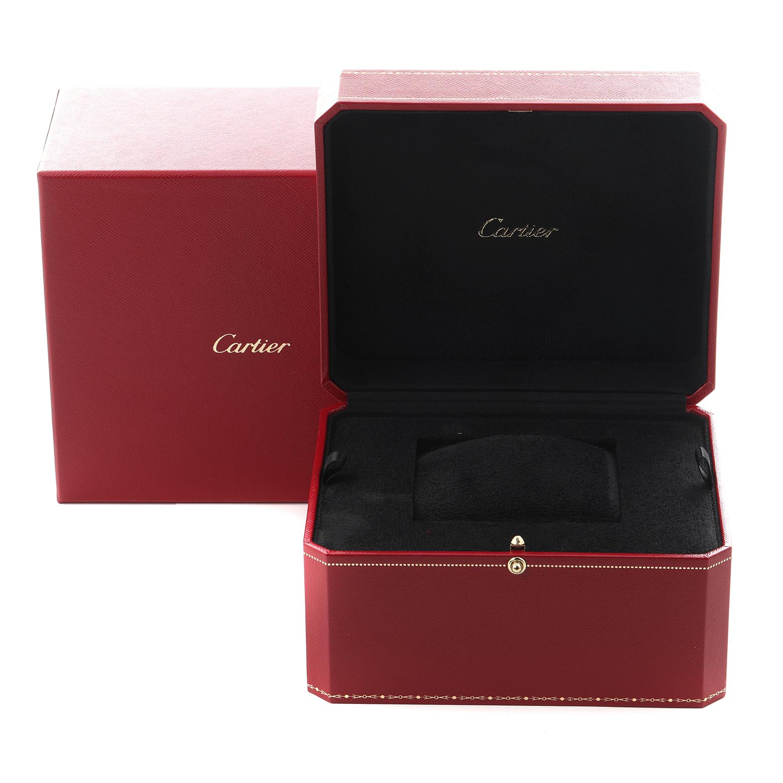 The image shows a Cartier Tortue W1545951 Men
s White Gold Silver Dial W1545951 Men
s White Gold Silver Dial model watch box, slightly open, with a cushion inside, highlighting its red and black design.