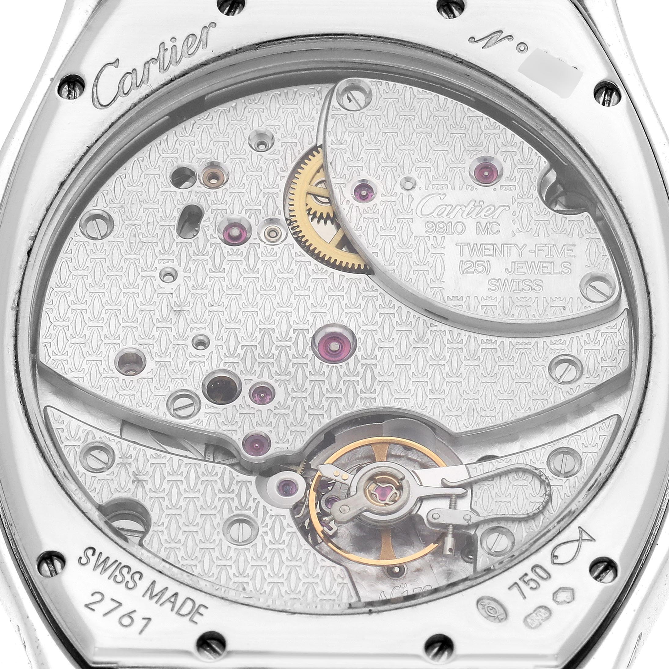 The image shows the movement and intricate mechanisms of the Cartier Tortue W1545951 Men
s White Gold Silver Dial W1545951 Men
s White Gold Silver Dial watch from a back angle.