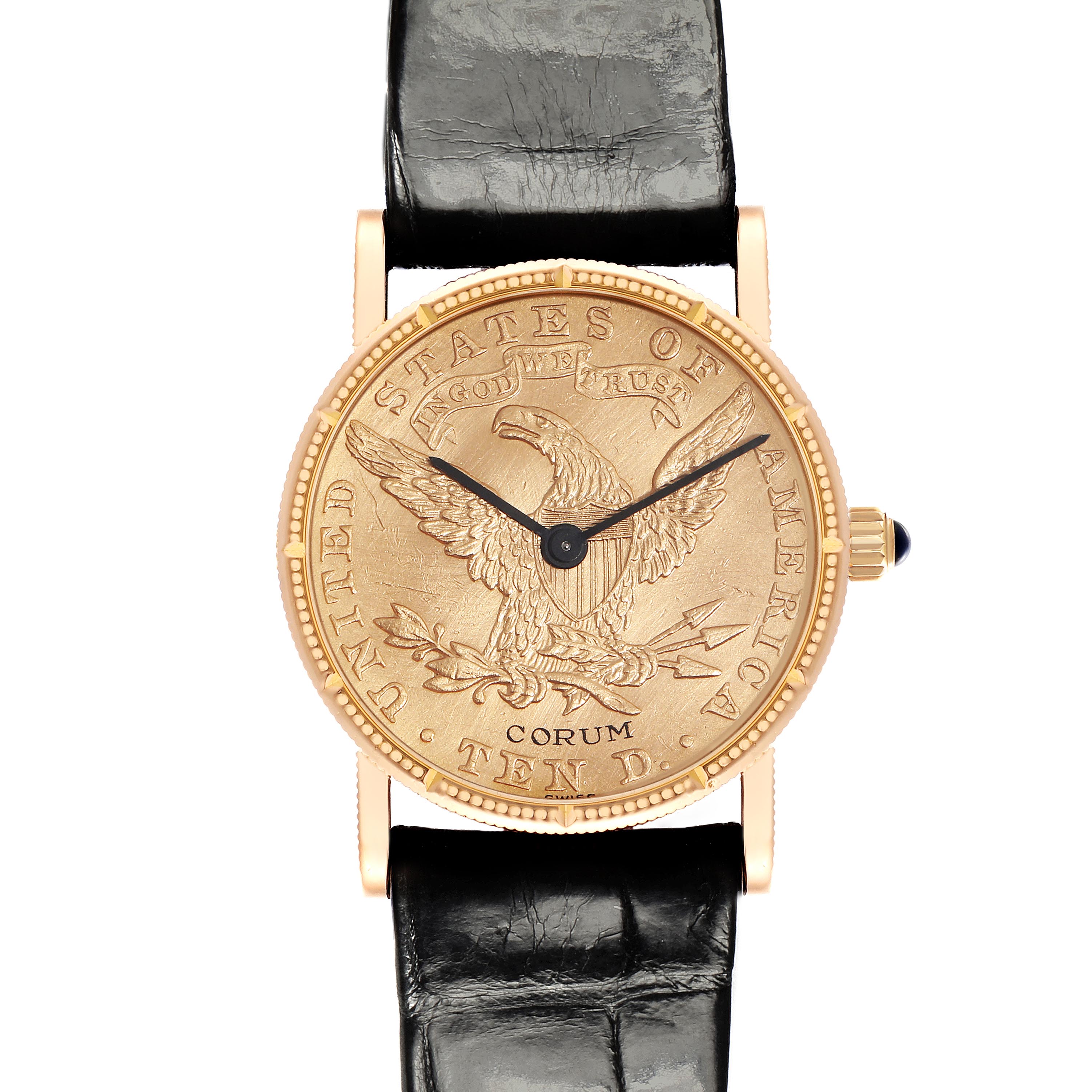 The Corum Coin Watch Men
s Yellow Gold Champagne Dial Men
s Yellow Gold Champagne Dial is shown from a front angle, displaying the dial with intricate coin design and black leather strap.