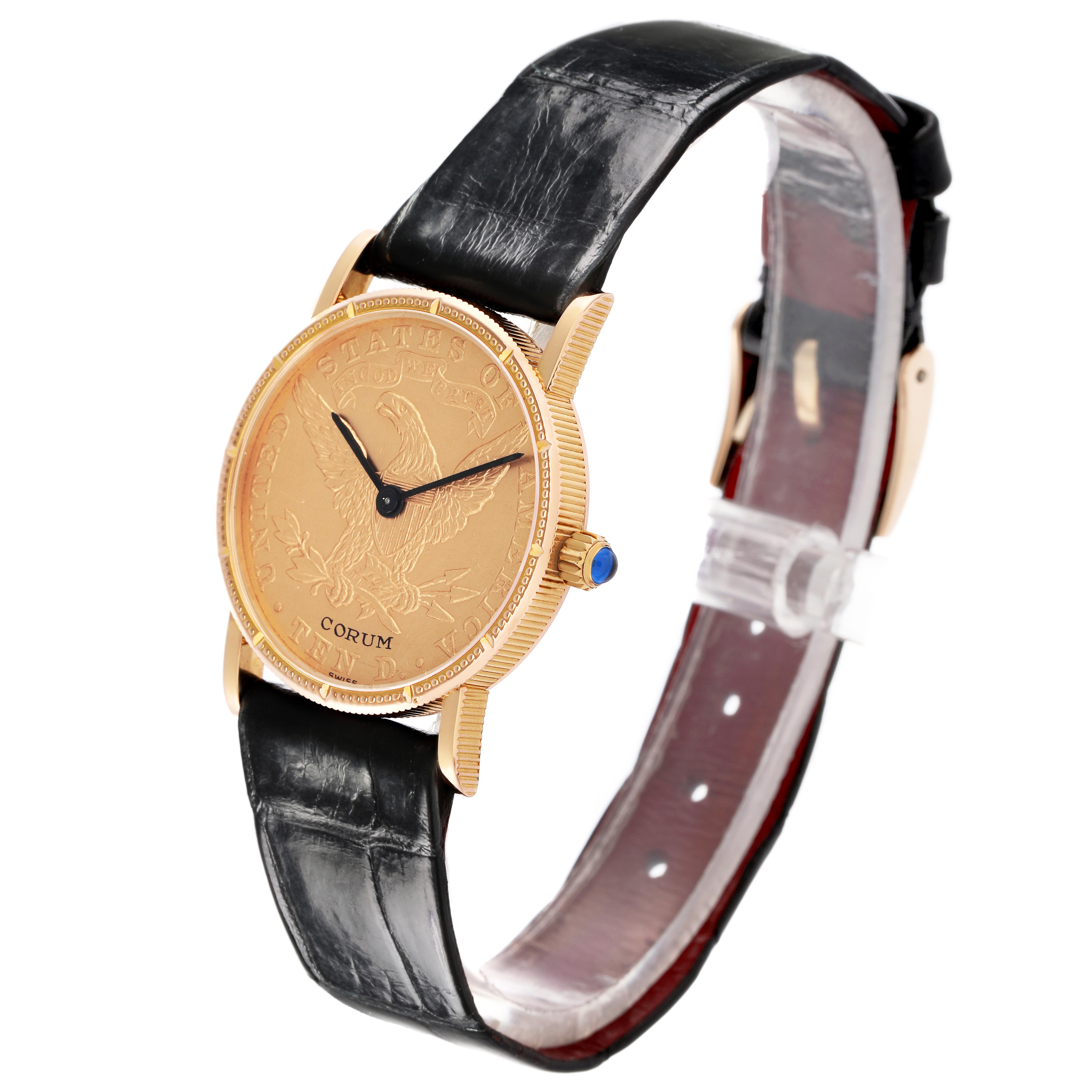 The Corum Coin Watch Men
s Yellow Gold Champagne Dial Men
s Yellow Gold Champagne Dial model is shown from a three-quarter angle, highlighting the coin dial, leather strap, and crown.