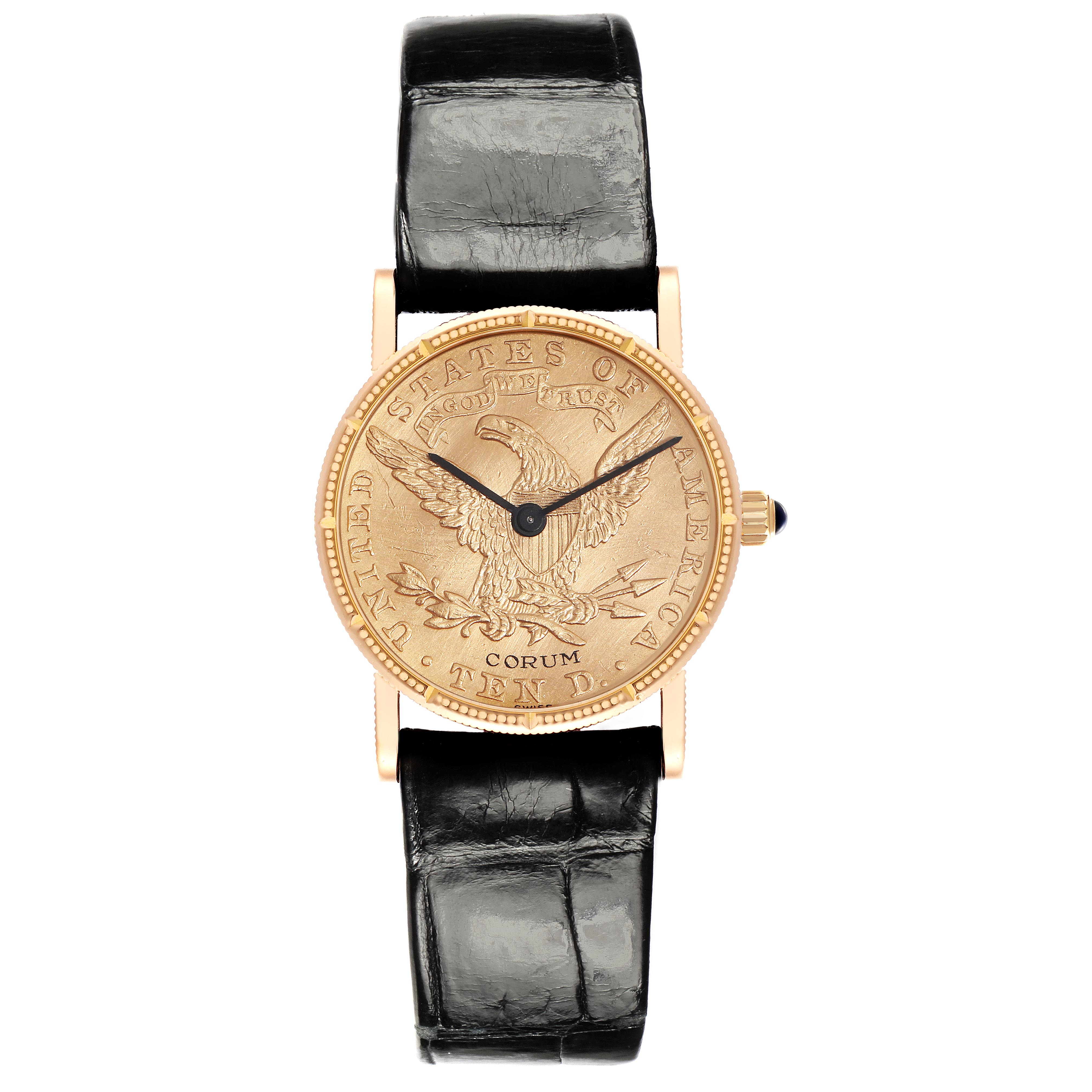 The Corum Coin Watch Men
s Yellow Gold Champagne Dial Men
s Yellow Gold Champagne Dial is shown from a top-down angle, featuring its coin-like dial, hands, and black leather strap.