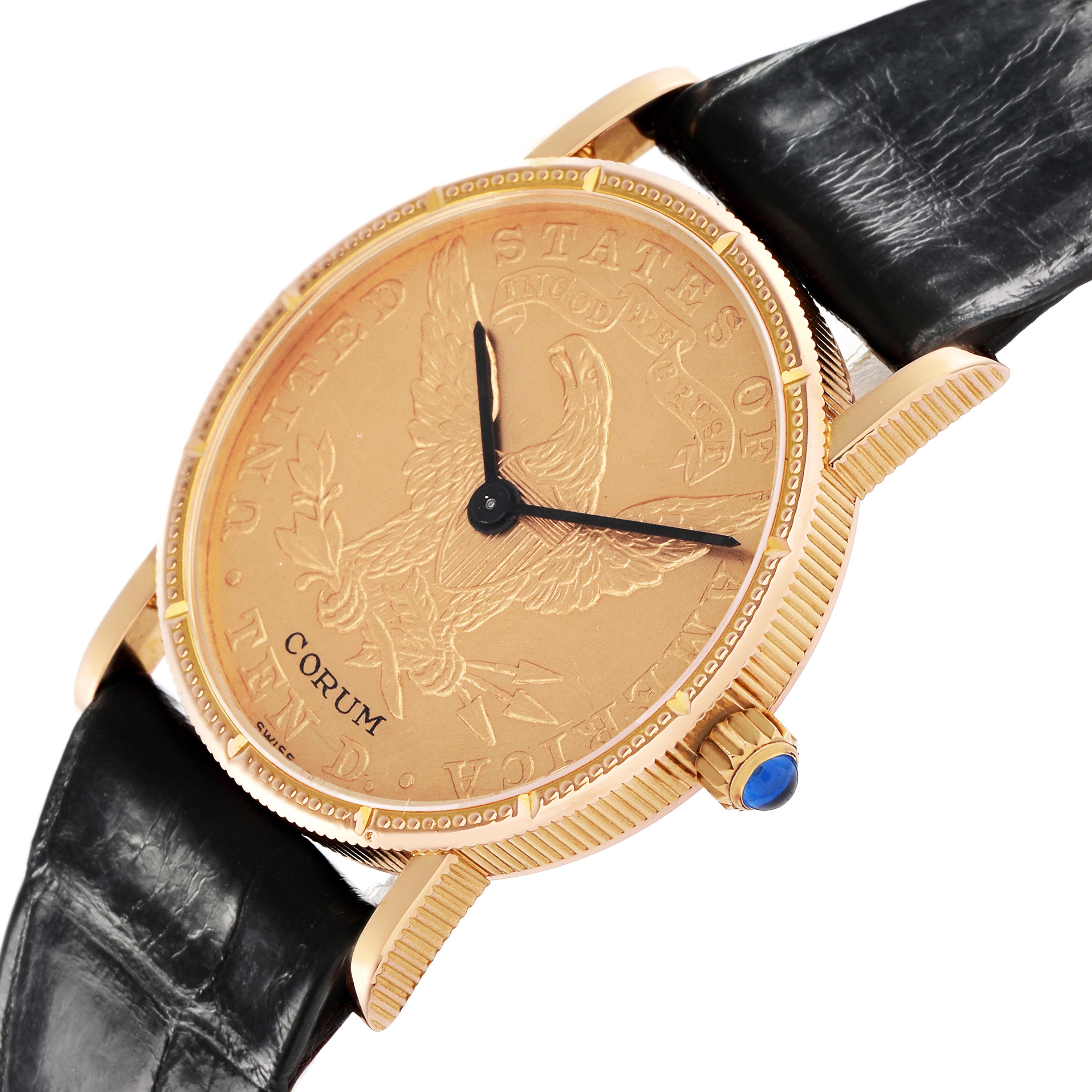 The Corum Coin Watch Men
s Yellow Gold Champagne Dial Men
s Yellow Gold Champagne Dial model is shown at an angled view, highlighting the face, bezel, crown with a blue jewel, and a black leather strap.