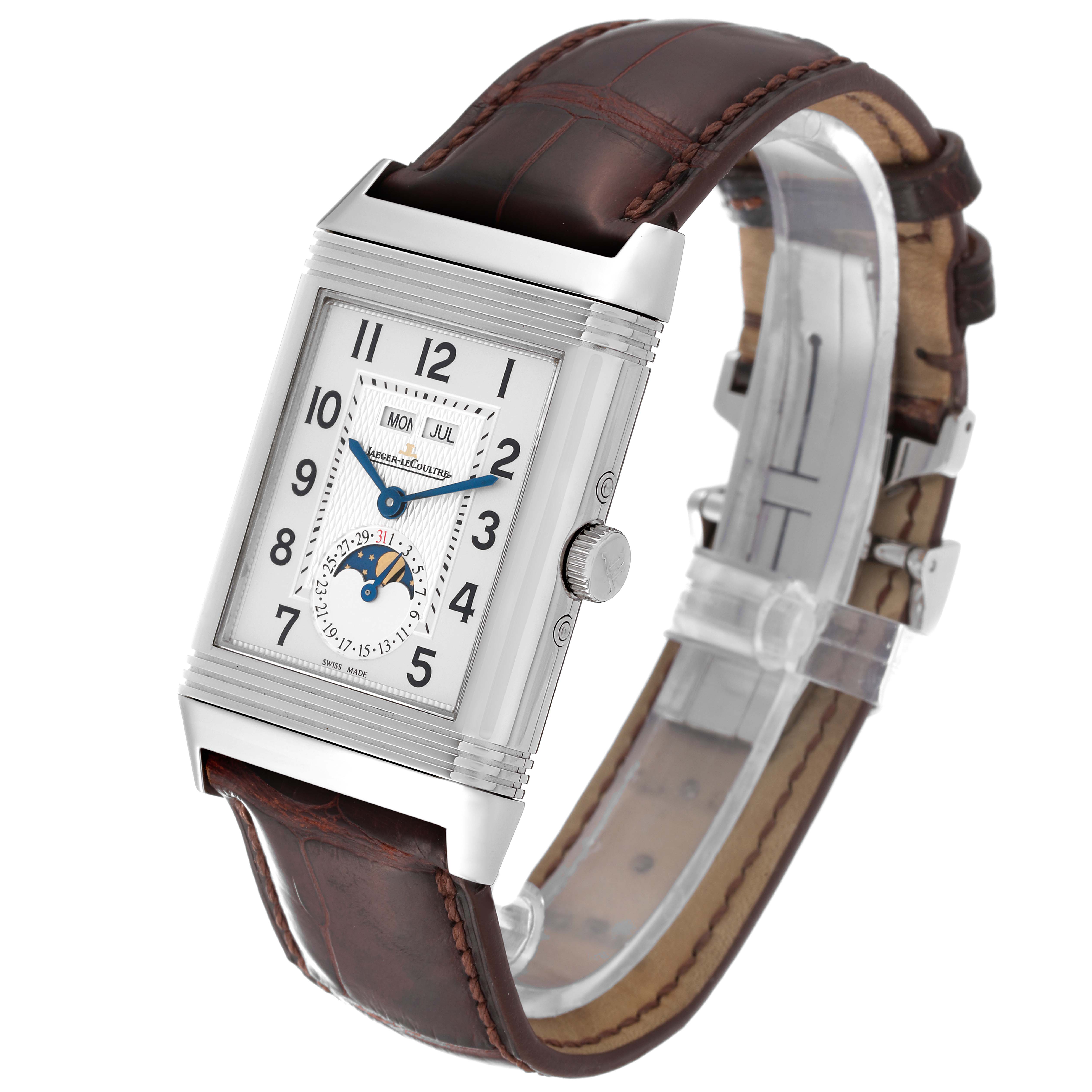The image shows a Jaeger-LeCoultre Reverso watch with a rectangular face, leather strap, and visible side crown, angled slightly from the front-left.