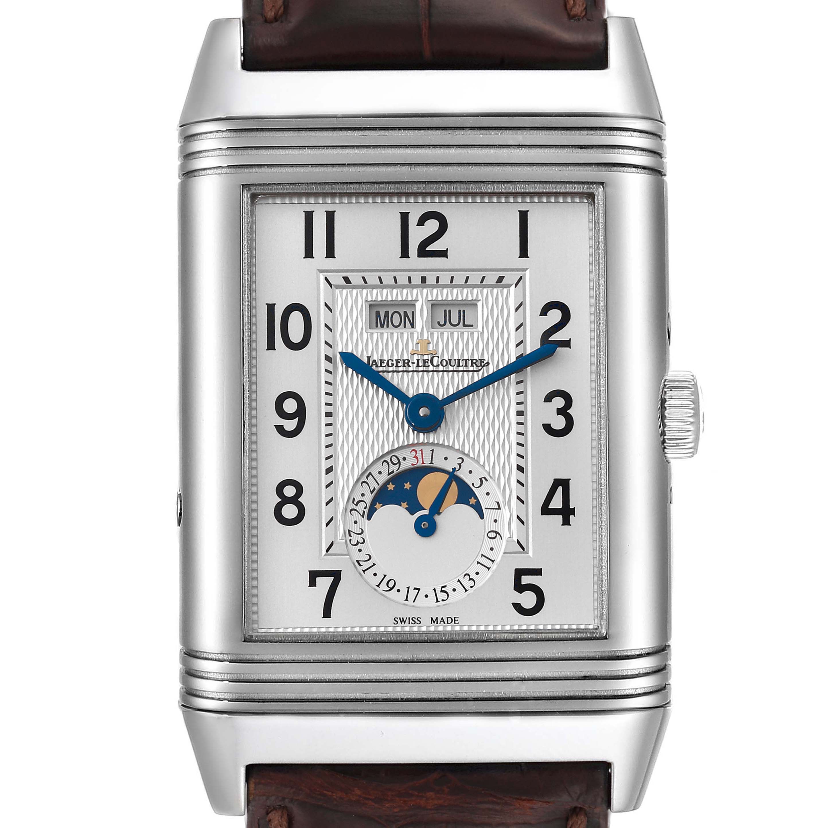 This image shows a front view of the Jaeger LeCoultre Reverso Q3758420 Men
s Stainless Steel Silver Dial Q3758420 Men
s Stainless Steel Silver Dial watch, highlighting the dial, hands, crown, and leather strap.