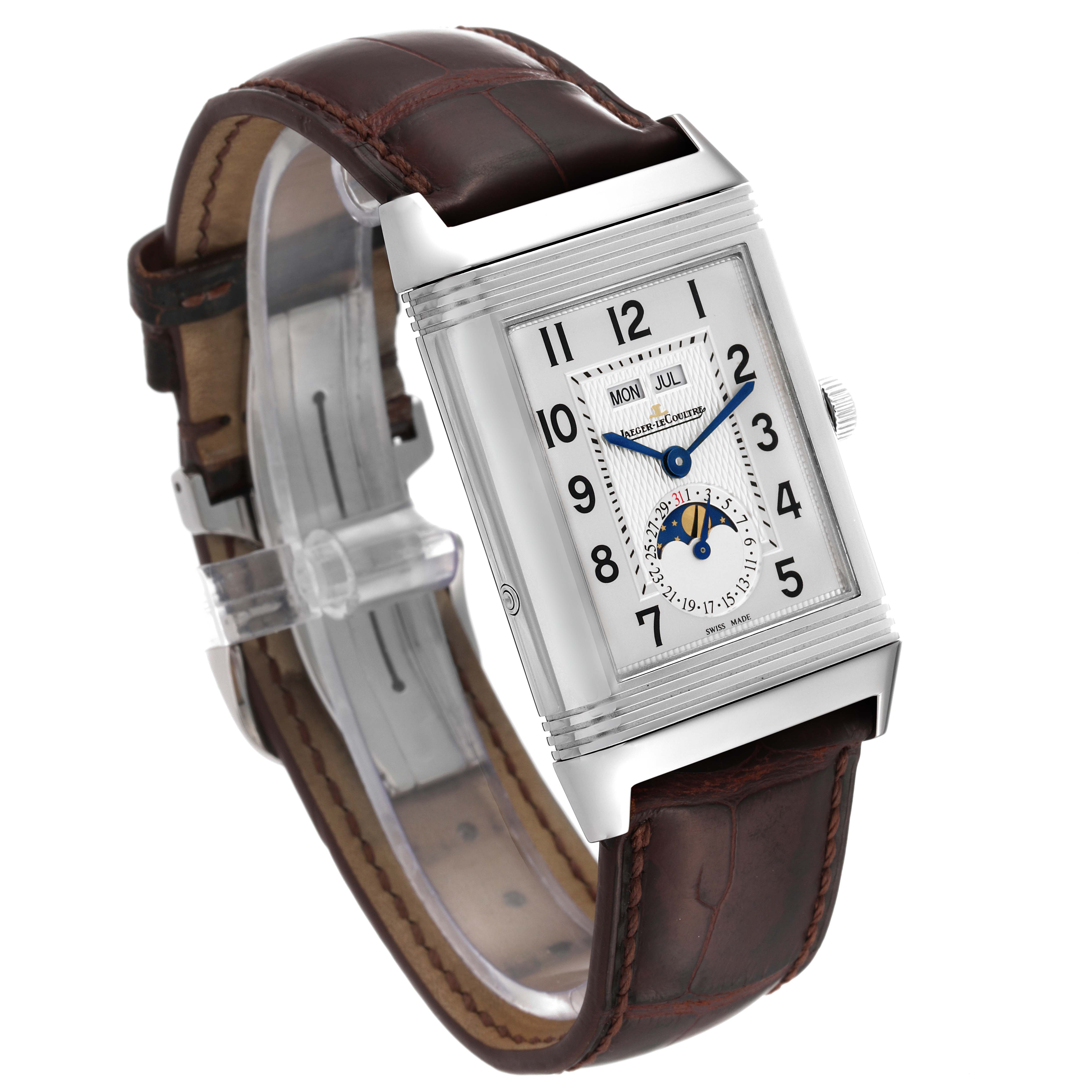This image of the Jaeger LeCoultre Reverso Q3758420 Men
s Stainless Steel Silver Dial Q3758420 Men
s Stainless Steel Silver Dial watch shows a front diagonal view, displaying its face, case, crown, and leather strap.