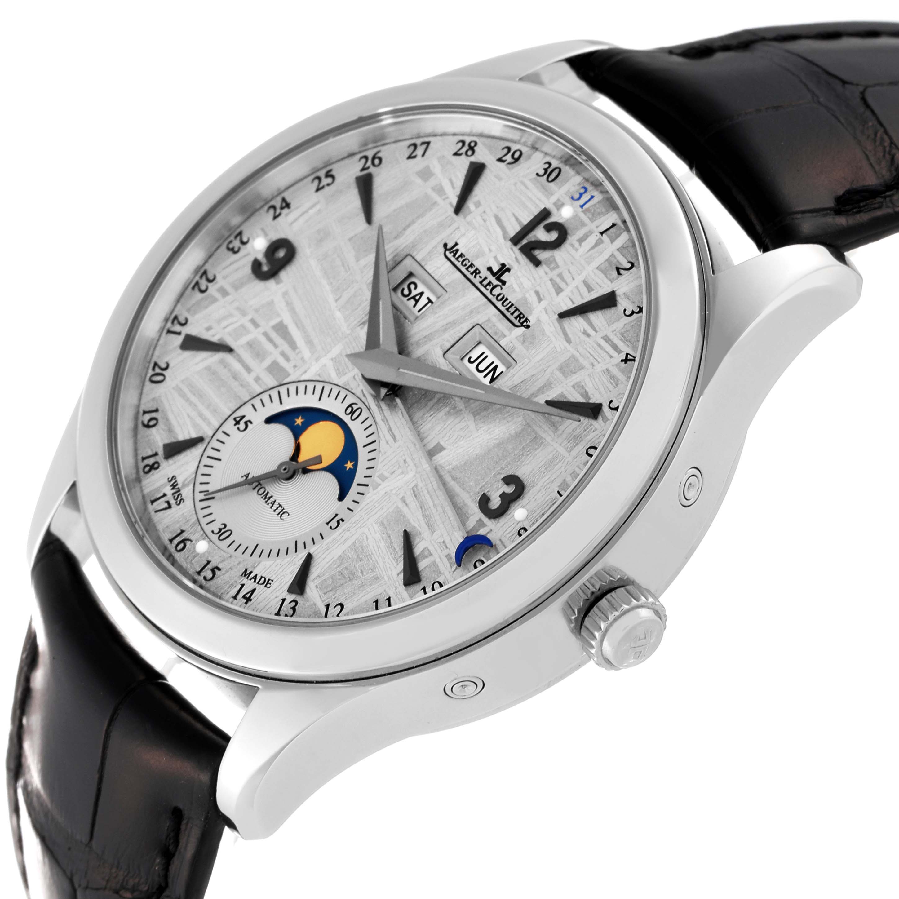 The image shows a Jaeger LeCoultre Master Q1558421 Men's Stainless Steel Silver Dial Q1558421 Men's Stainless Steel Silver Dial model watch at a slightly tilted angle, highlighting the dial, crown, and strap.