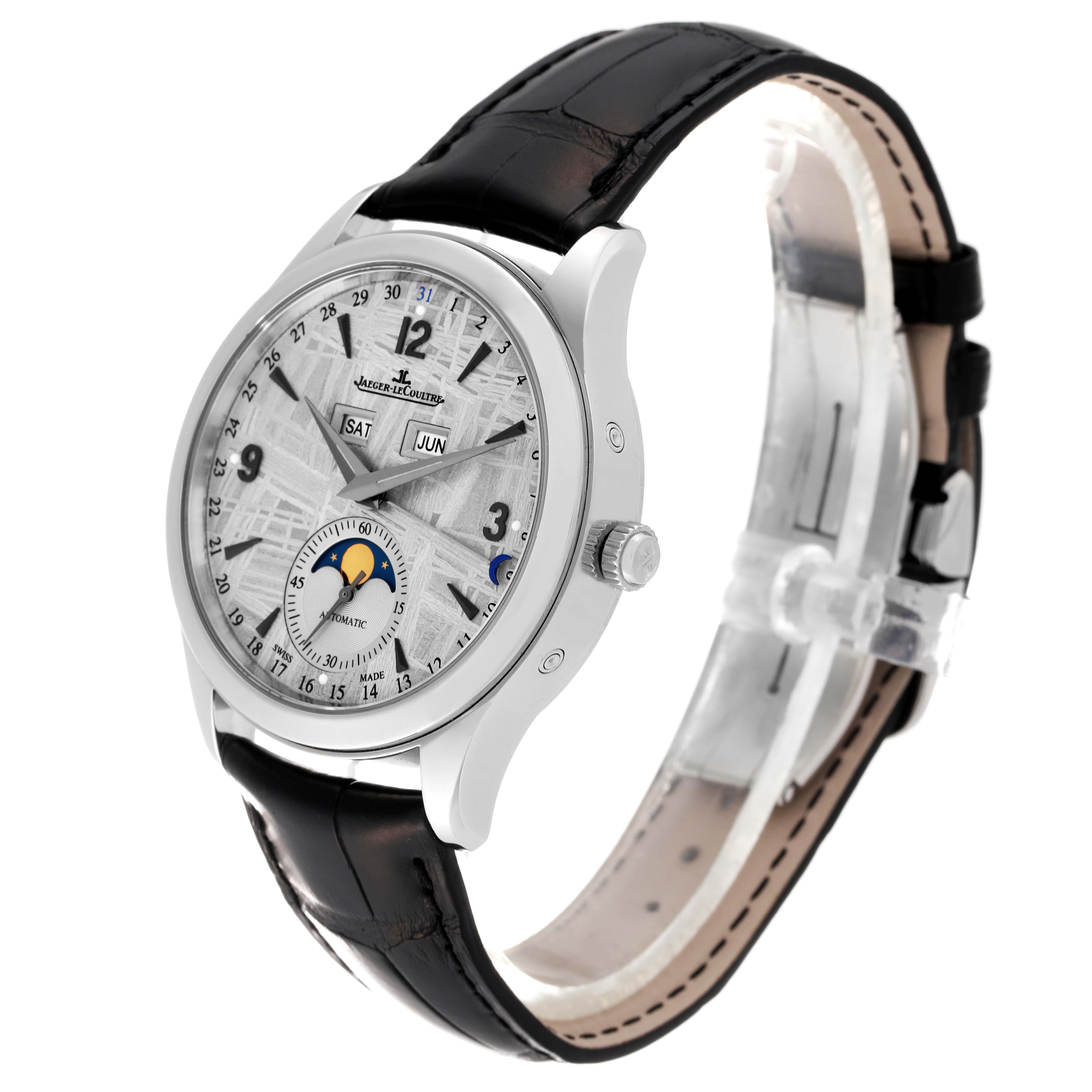 The Jaeger-LeCoultre Master model watch is shown at a three-quarter angle, displaying the face, strap, and side details.