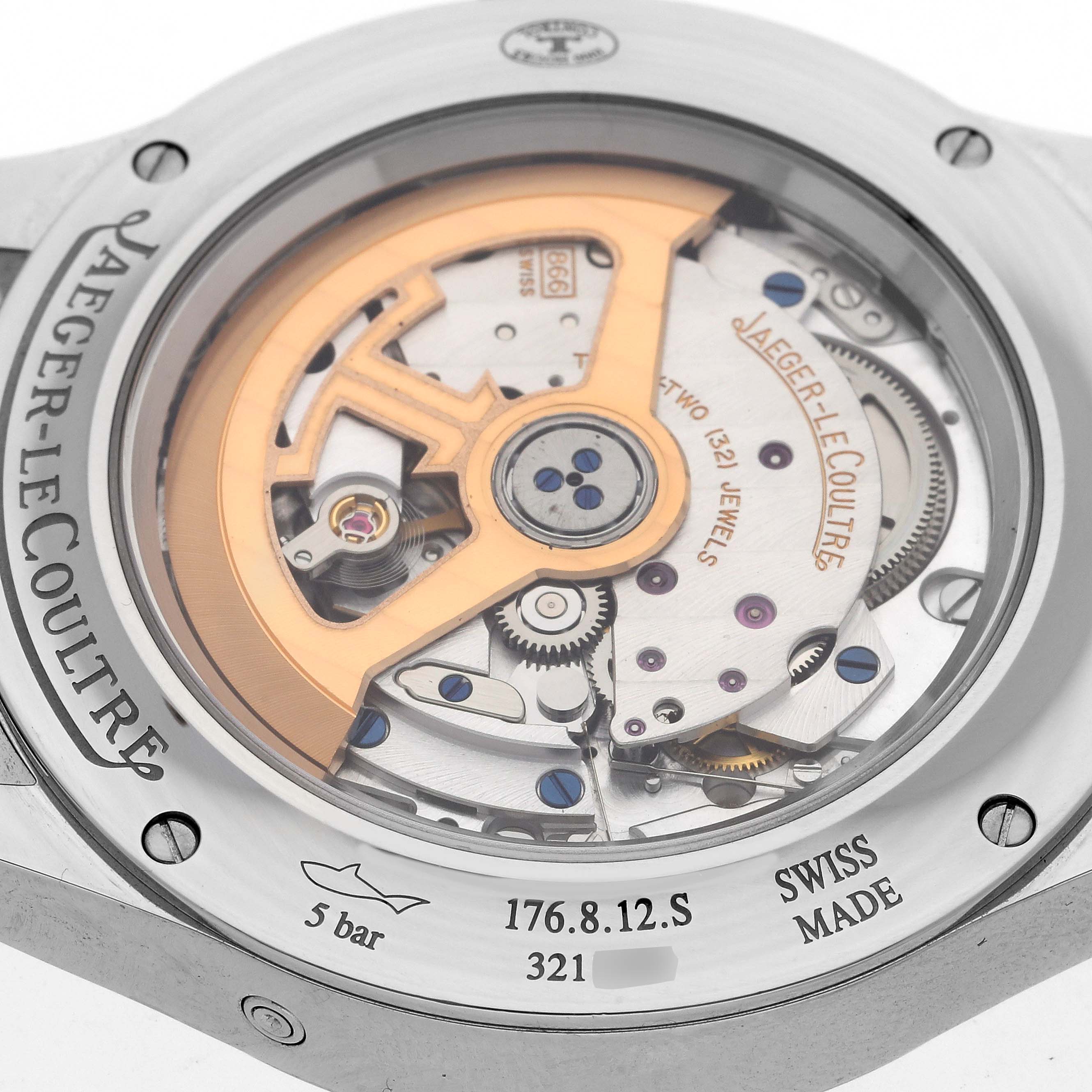 The image shows the back view of the Jaeger-LeCoultre Master model, highlighting the intricate movement and inner mechanics.