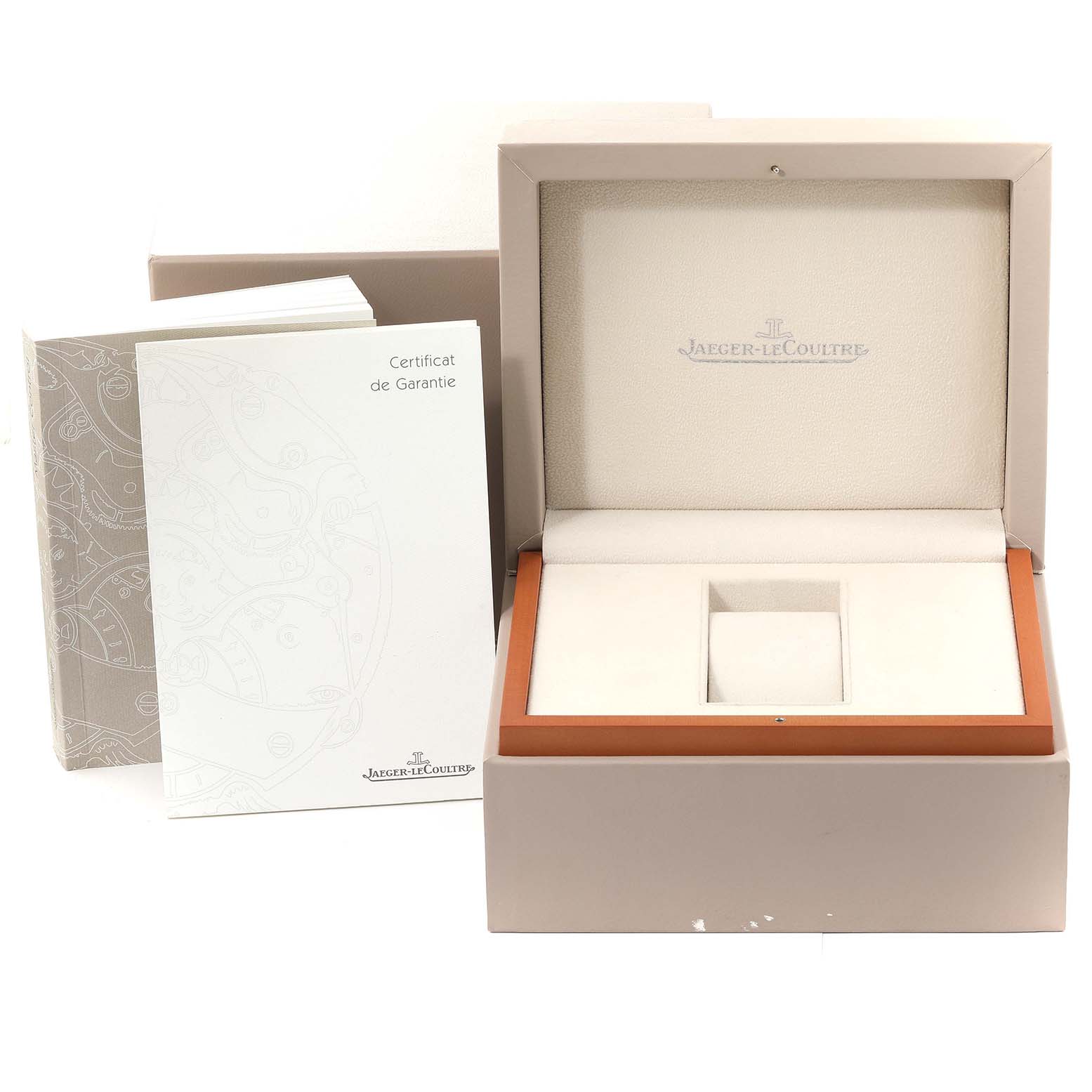 The image shows an open Jaeger LeCoultre Master Q1558421 Men's Stainless Steel Silver Dial Q1558421 Men's Stainless Steel Silver Dial model watch box with certificates and manuals displayed beside it.