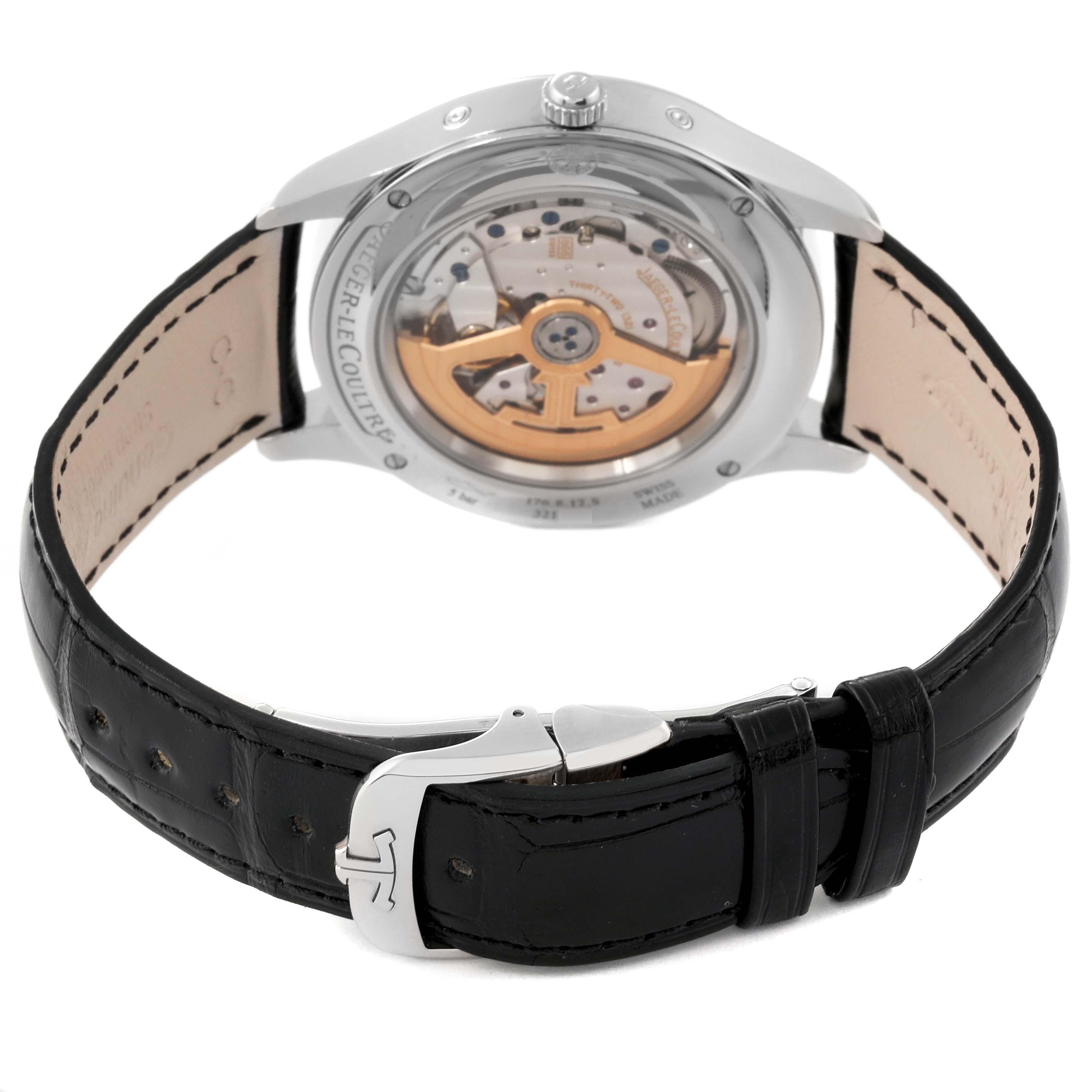 This image shows the back view of a Jaeger LeCoultre Master Q1558421 Men's Stainless Steel Silver Dial Q1558421 Men's Stainless Steel Silver Dial model watch, highlighting the movement and leather strap with buckle.