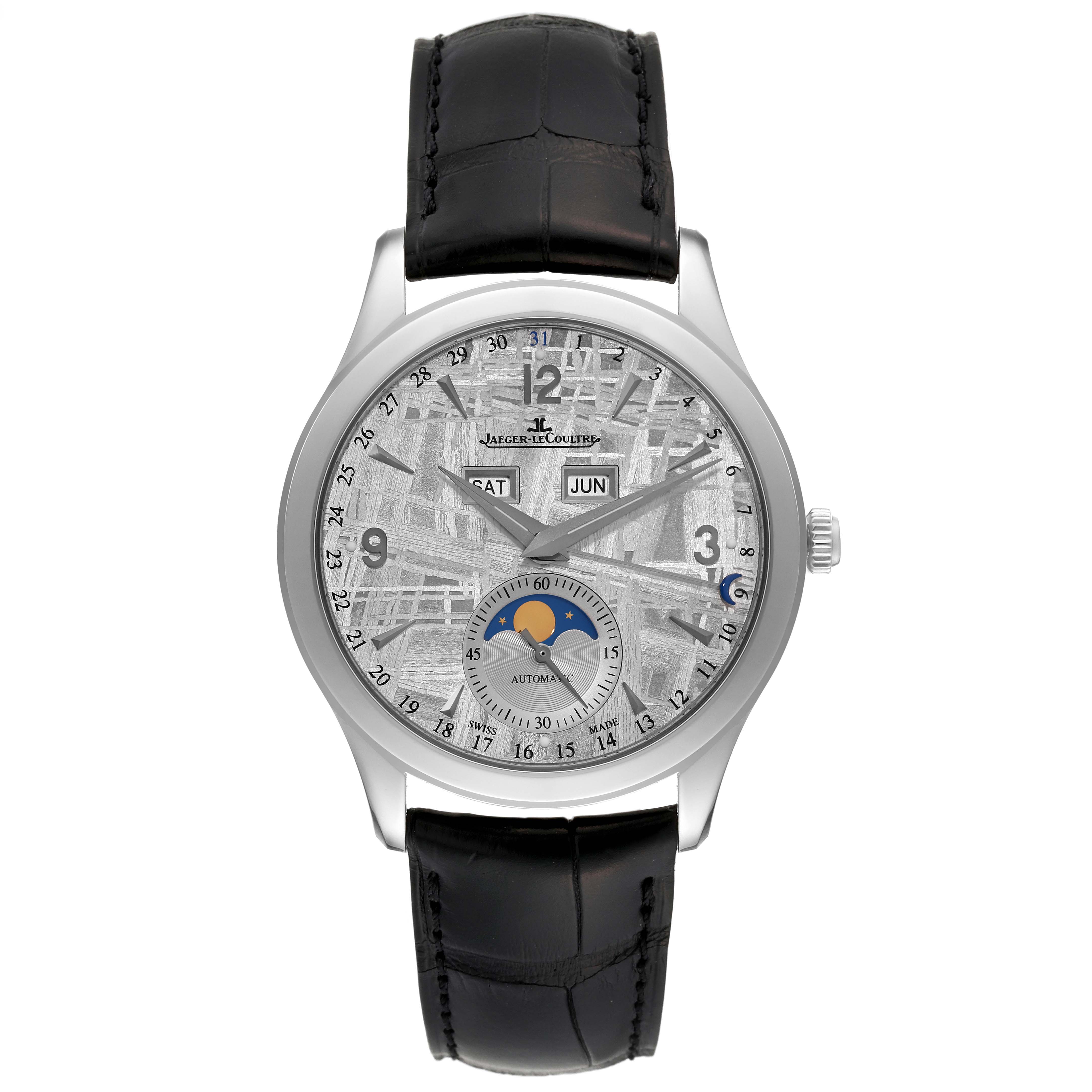 The image shows a front view of a Jaeger LeCoultre Master Q1558421 Men's Stainless Steel Silver Dial Q1558421 Men's Stainless Steel Silver Dial model watch, displaying the face, strap, and crown.