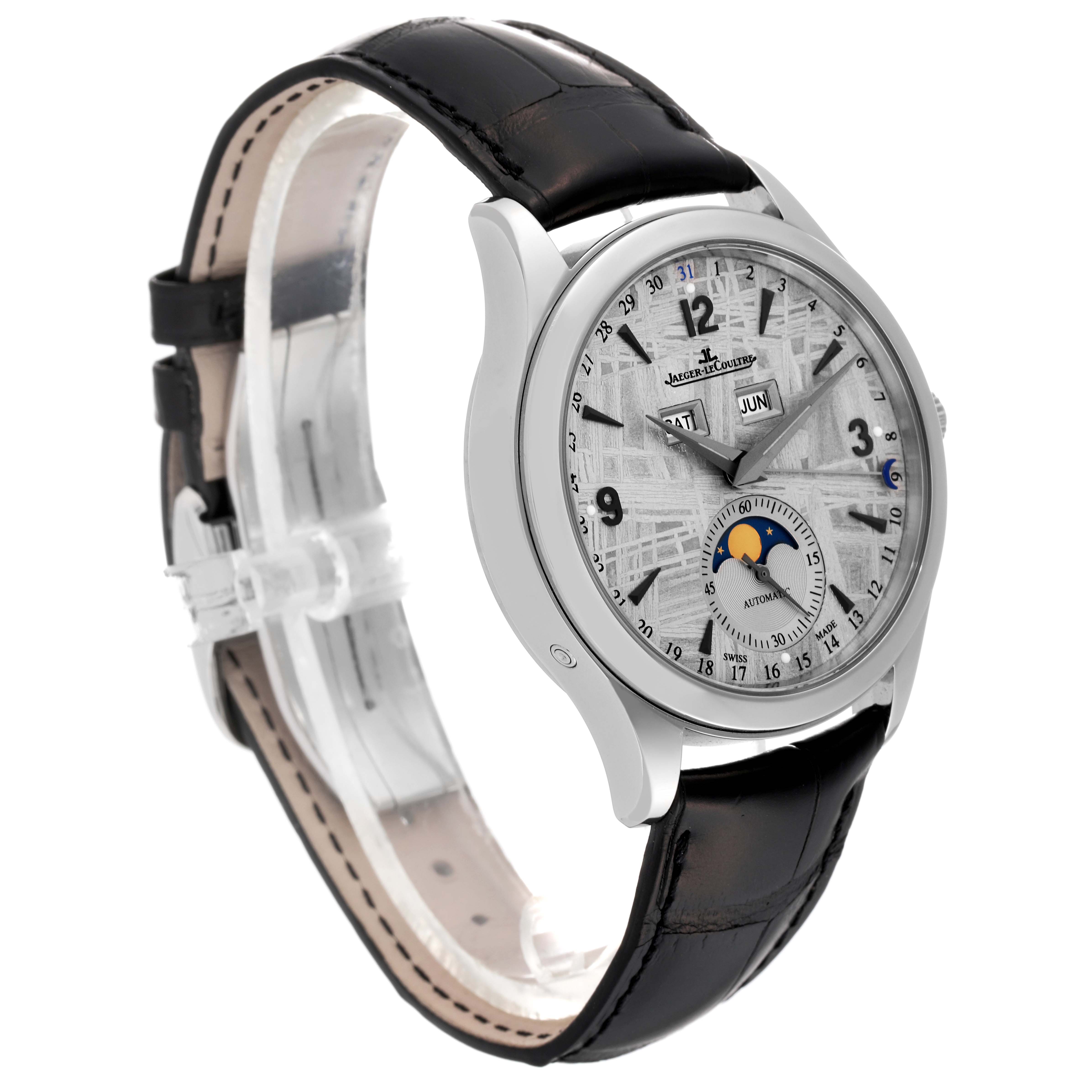 The image displays a side-angle view of the Jaeger LeCoultre Master Q1558421 Men's Stainless Steel Silver Dial Q1558421 Men's Stainless Steel Silver Dial model watch, showcasing the face and black leather strap.