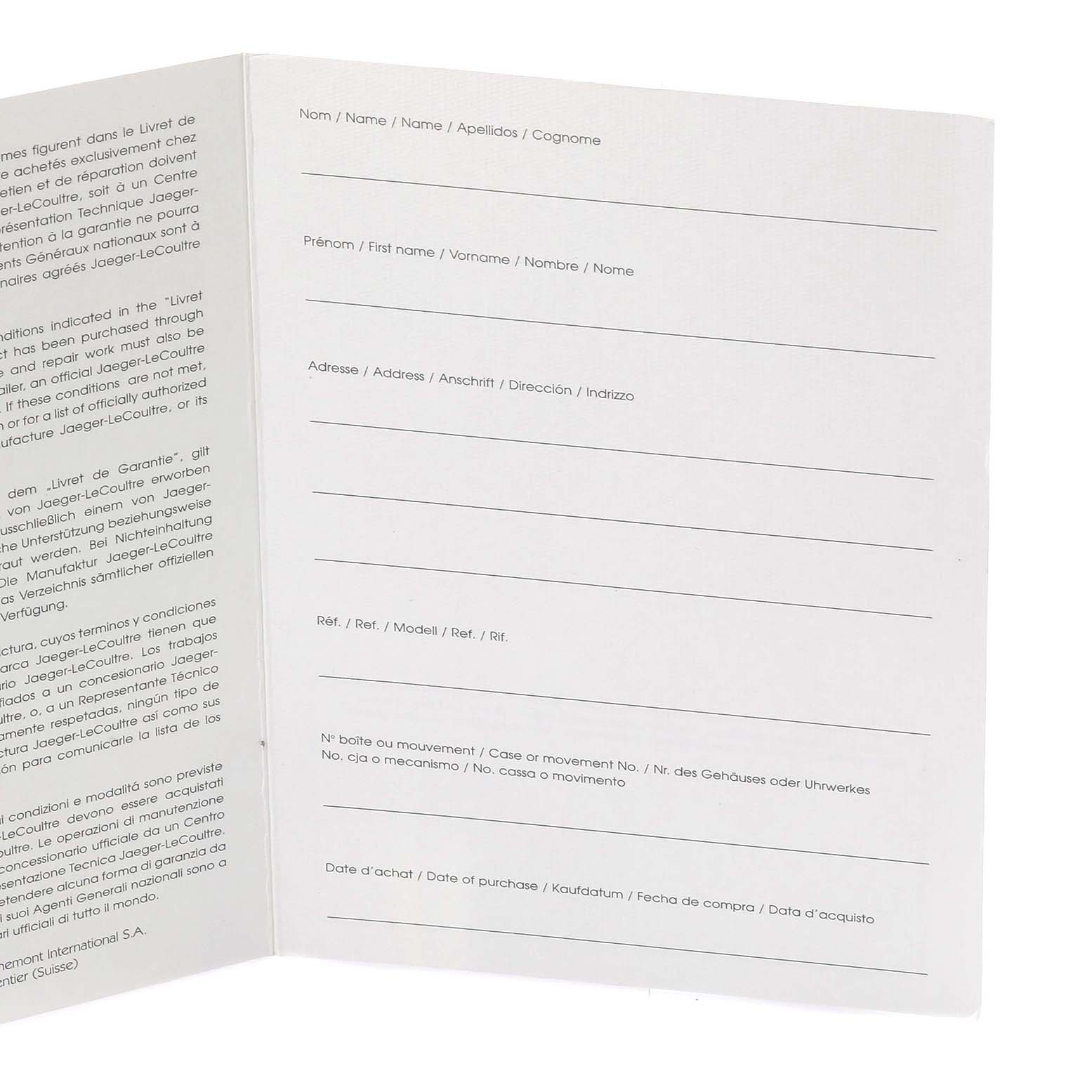 The image shows an open warranty booklet for the Jaeger LeCoultre Master Q1558421 Men's Stainless Steel Silver Dial Q1558421 Men's Stainless Steel Silver Dial model, displaying sections for owner and purchase details.