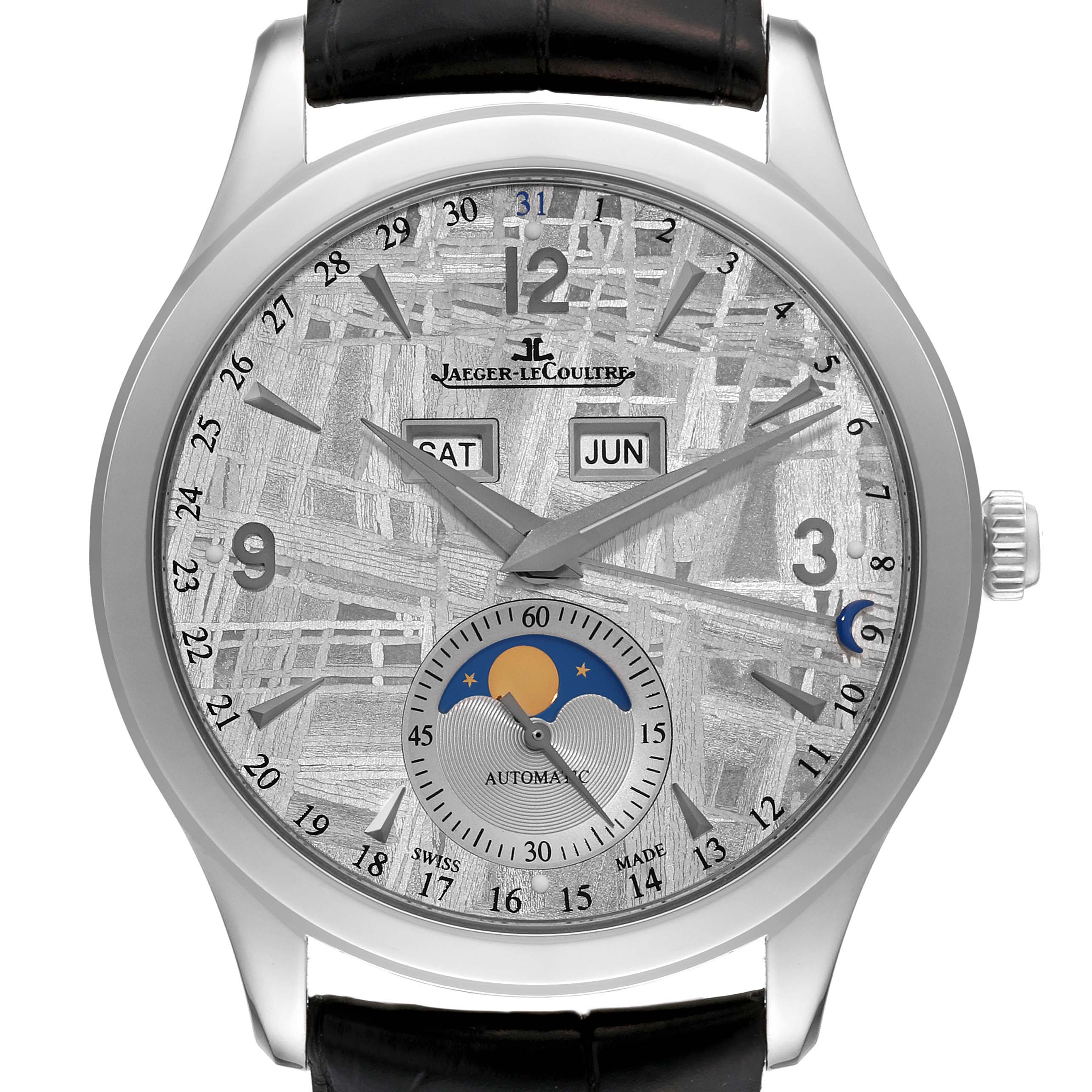 The image shows a front view of the Jaeger LeCoultre Master Q1558421 Men's Stainless Steel Silver Dial Q1558421 Men's Stainless Steel Silver Dial model watch, displaying its face, dial, hands, and moon phase indicator.