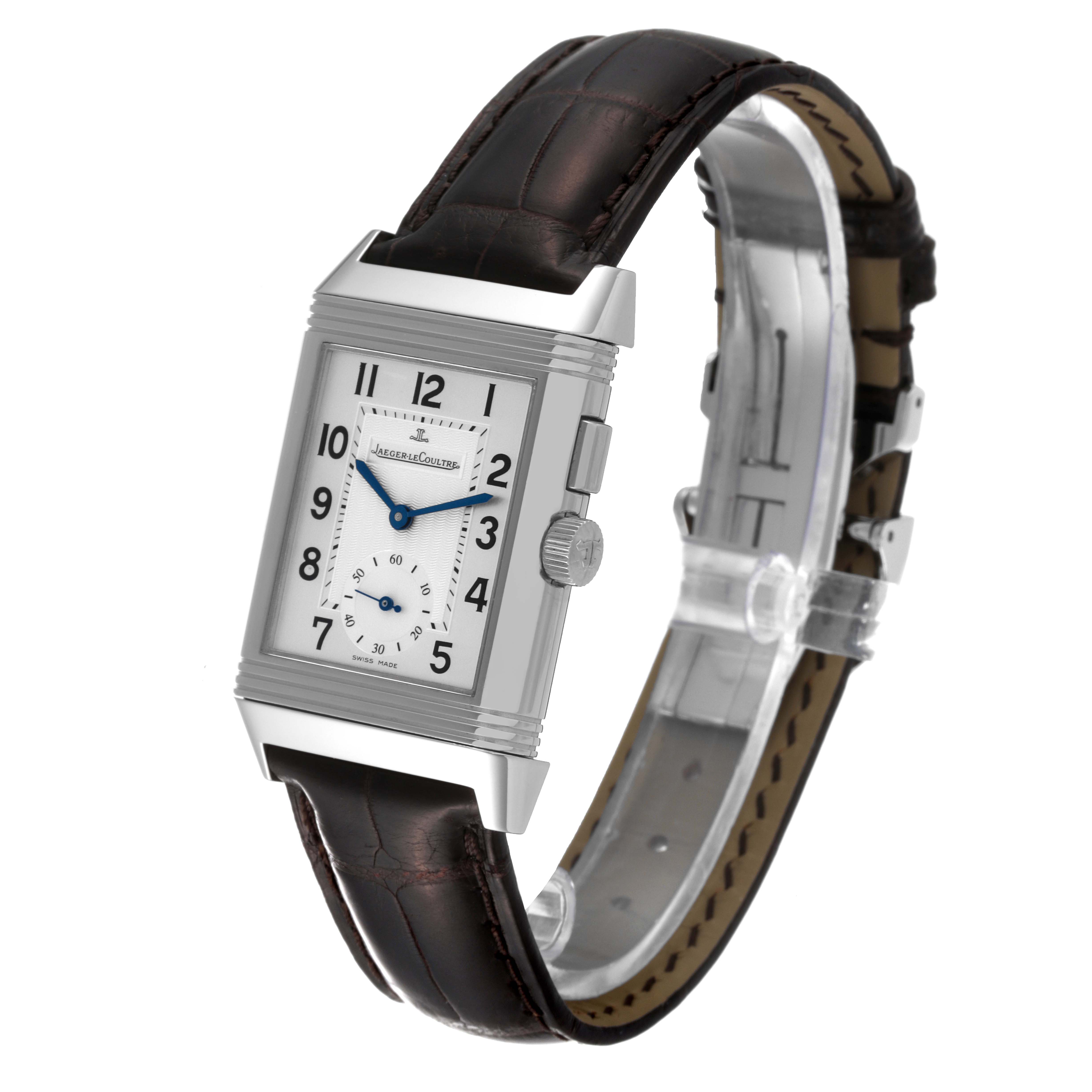 The image shows a Jaeger LeCoultre Reverso Q2718410 Men's Stainless Steel Silver Dial Q2718410 Men's Stainless Steel Silver Dial watch at a slight angle, showcasing its front face and leather strap.