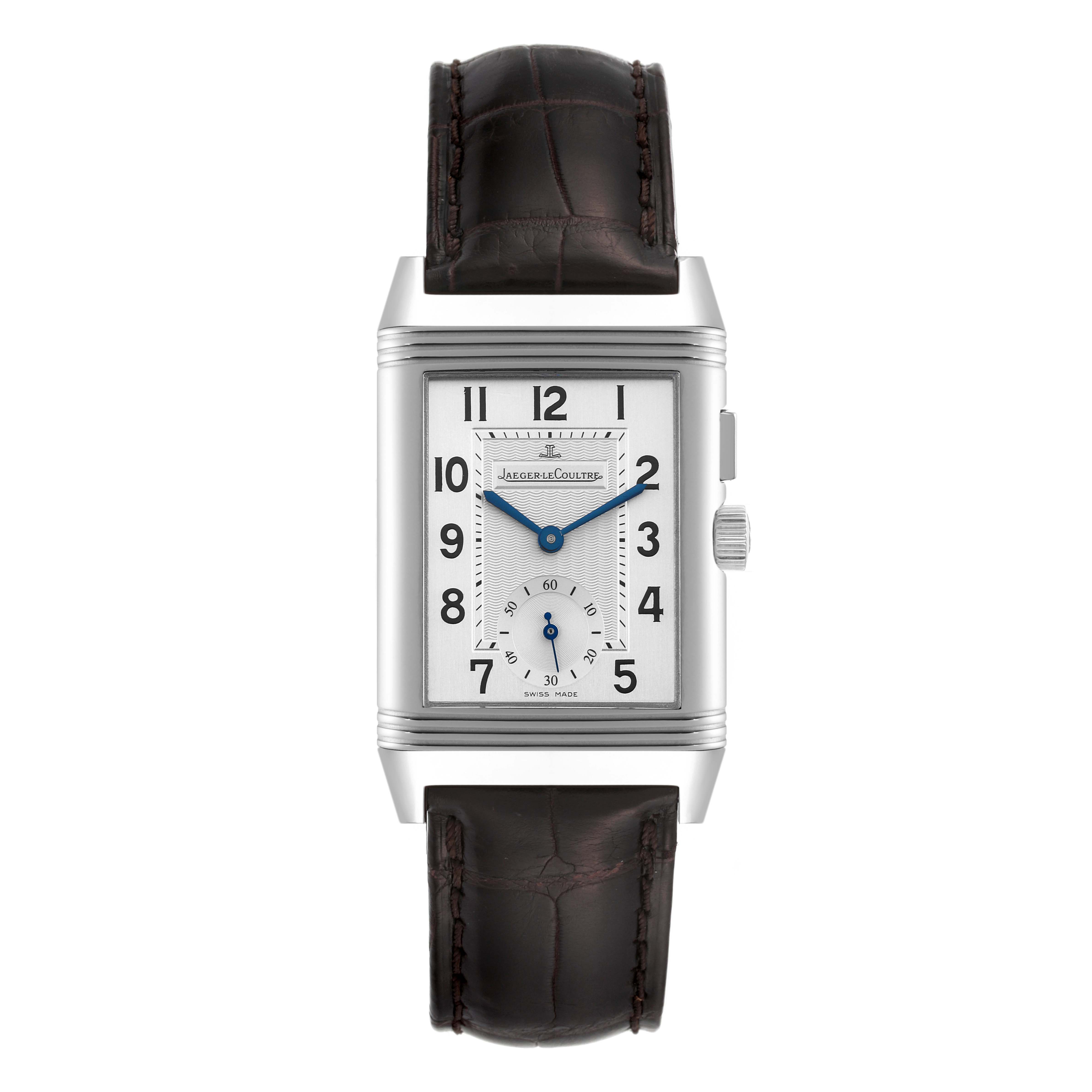 The Jaeger LeCoultre Reverso Q2718410 Men's Stainless Steel Silver Dial Q2718410 Men's Stainless Steel Silver Dial model watch is shown from the front, displaying the dial, case, crown, and leather strap.