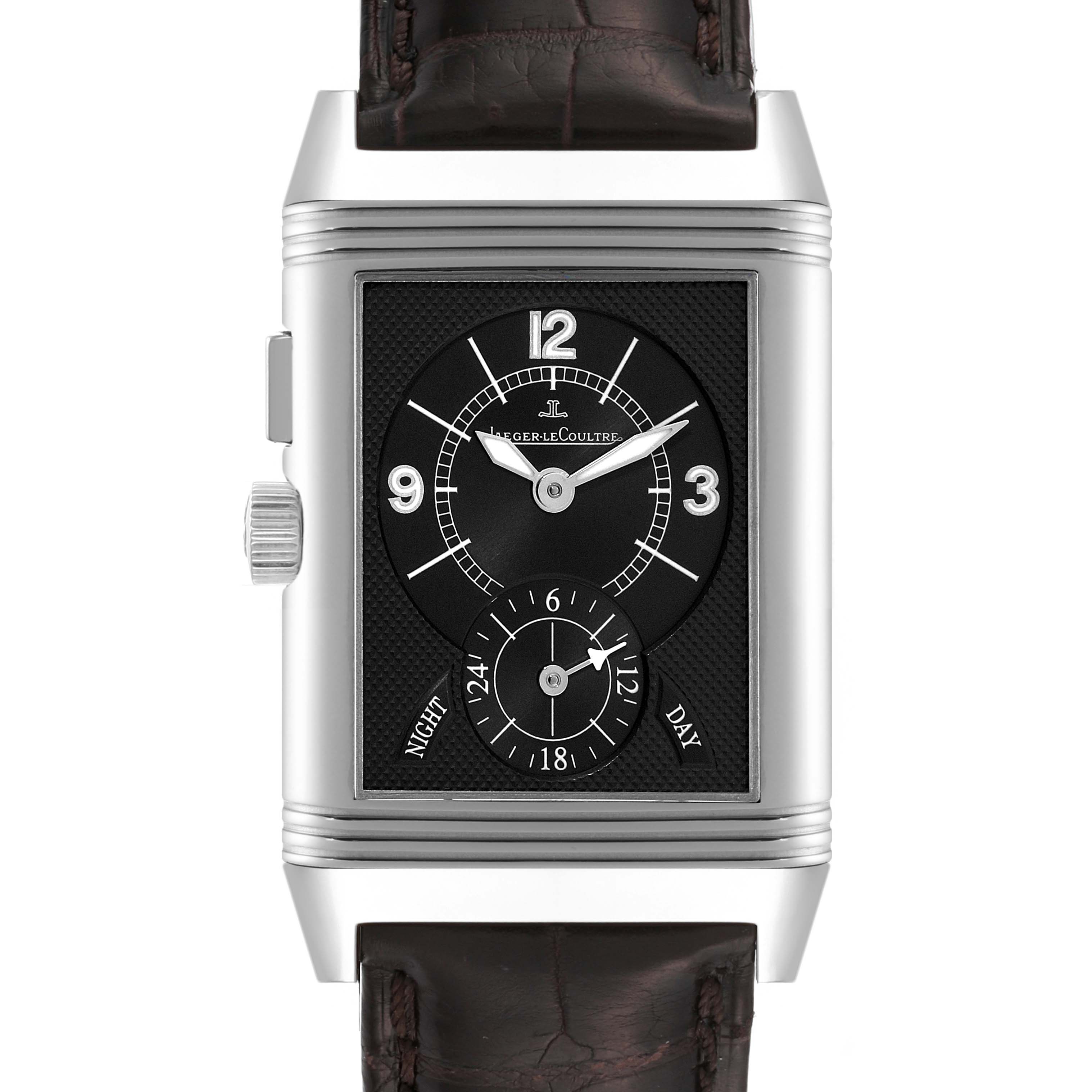 The image shows a front view of a Jaeger LeCoultre Reverso Q2718410 Men's Stainless Steel Silver Dial Q2718410 Men's Stainless Steel Silver Dial watch, displaying its rectangular dial and leather strap.