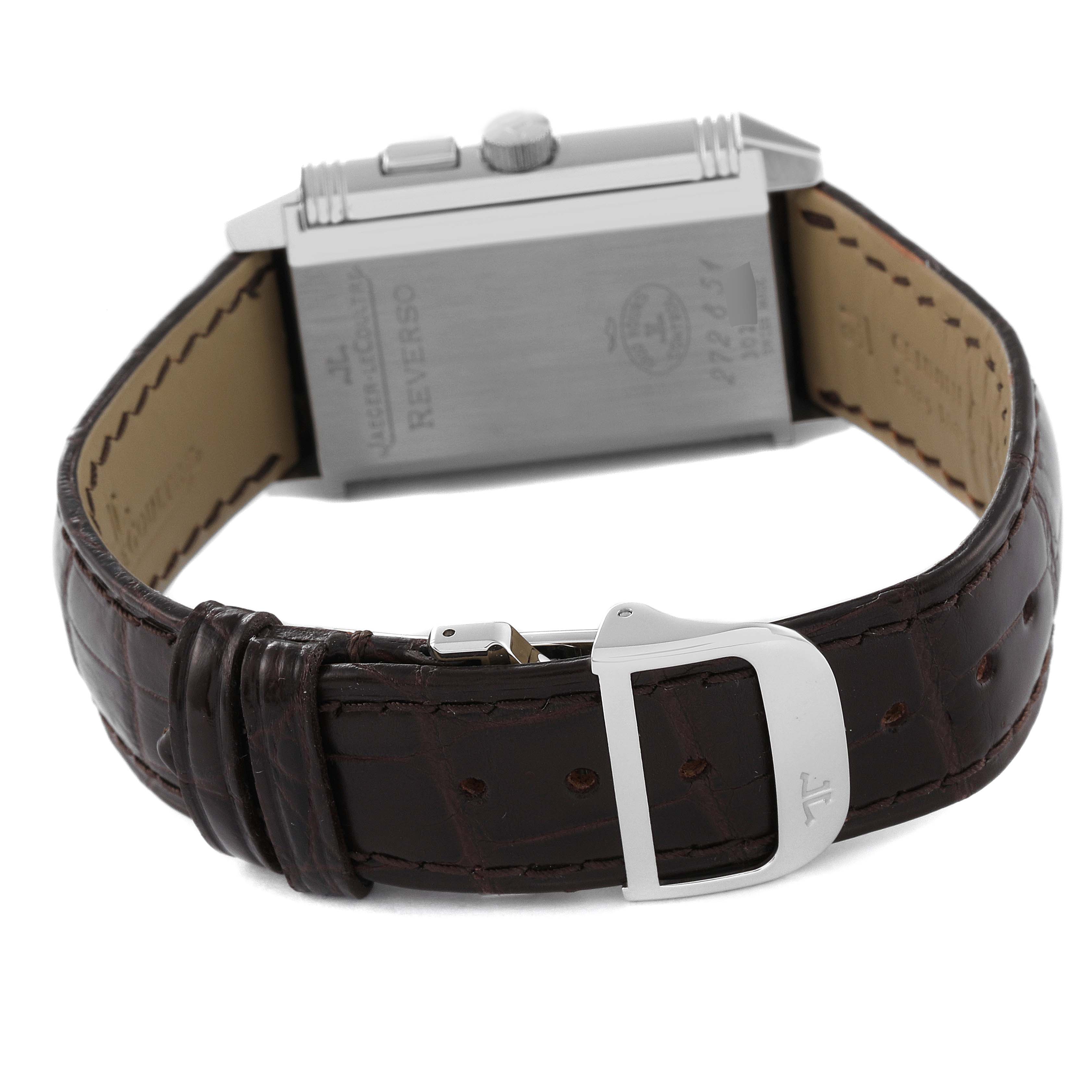 The image shows the back view of a Jaeger LeCoultre Reverso Q2718410 Men's Stainless Steel Silver Dial Q2718410 Men's Stainless Steel Silver Dial watch, highlighting the leather strap and clasp.