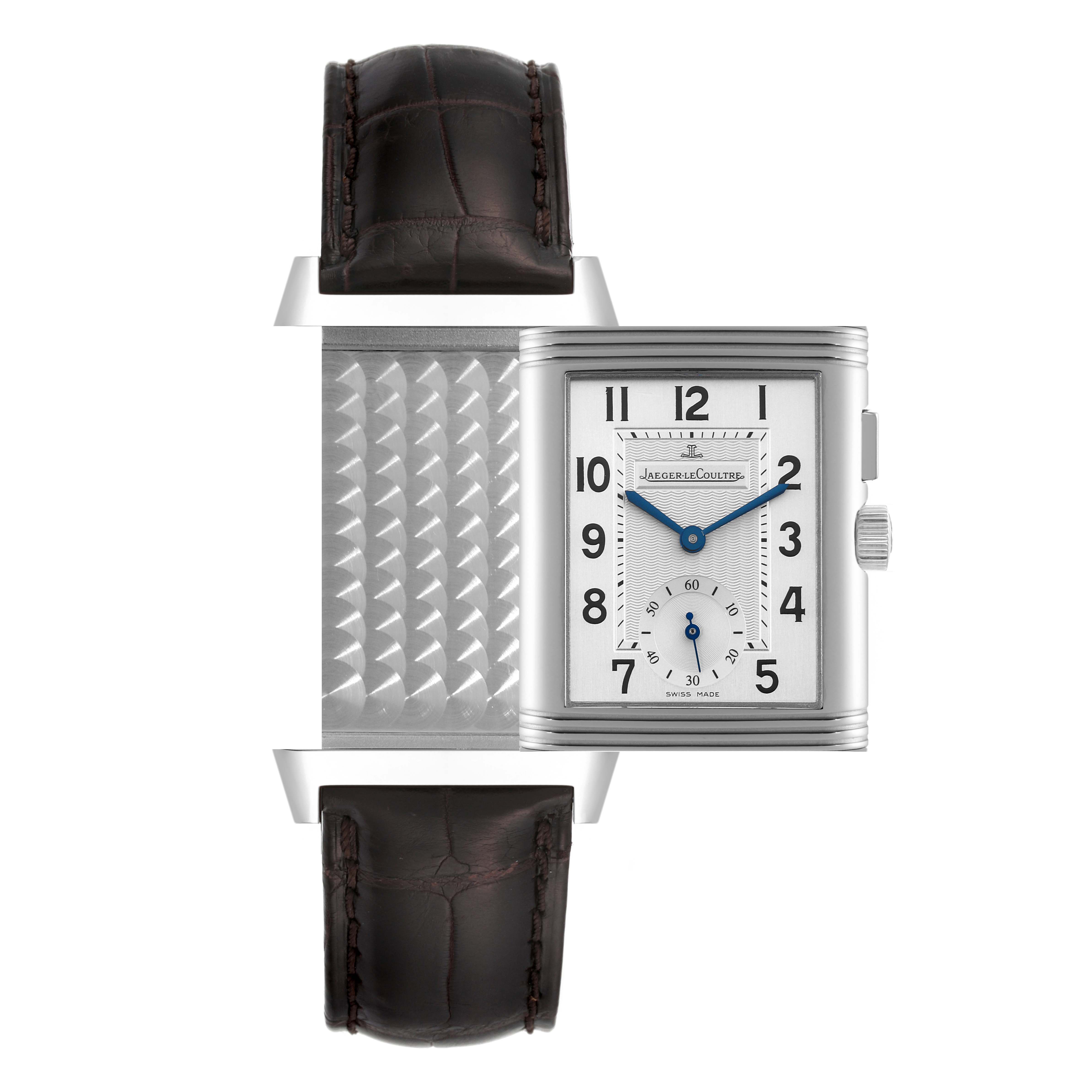 This image shows the dial and guilloché back of a Jaeger LeCoultre Reverso Q2718410 Men's Stainless Steel Silver Dial Q2718410 Men's Stainless Steel Silver Dial watch in an open, rotating position.