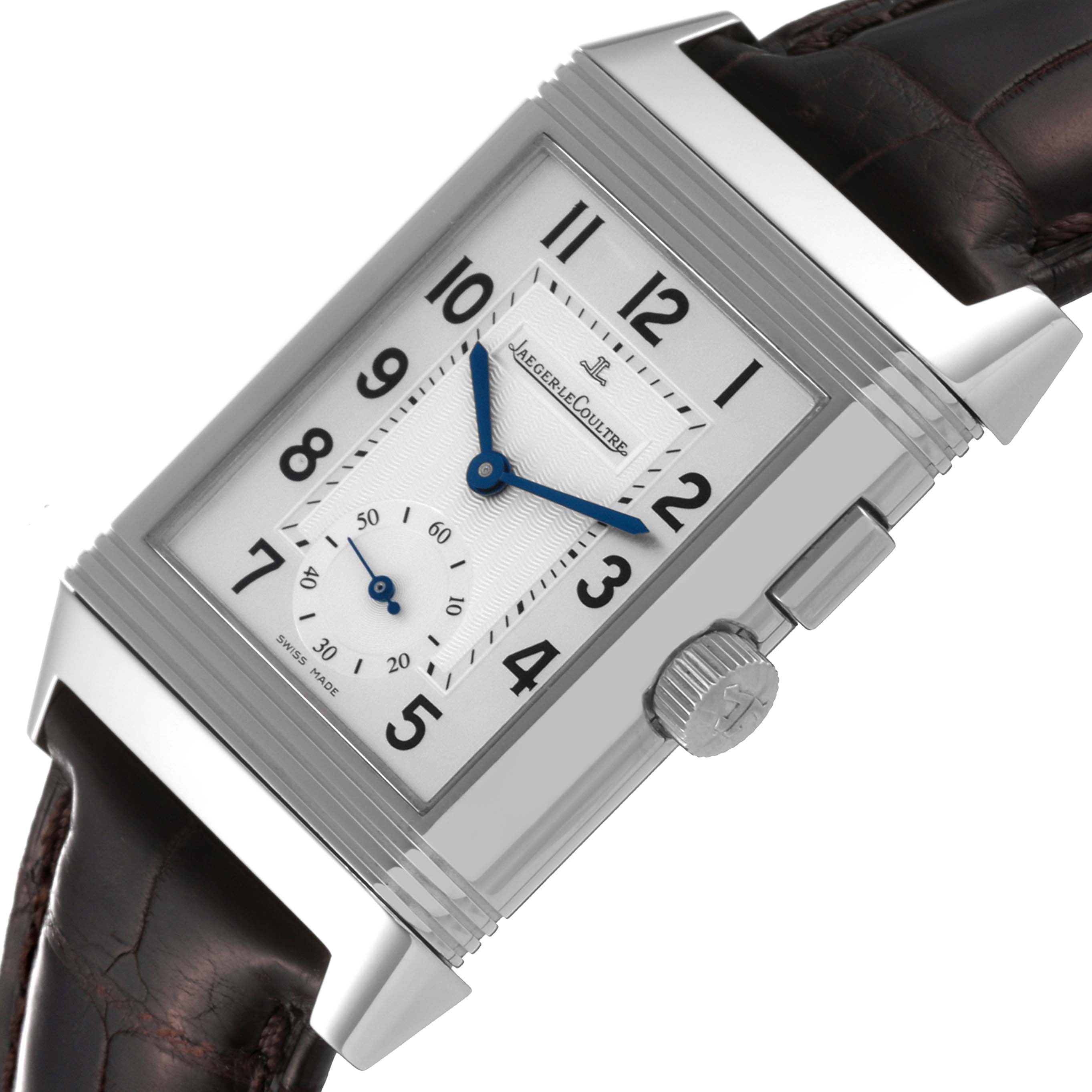This is a close-up angled shot showing the face, crown, and part of the strap of the Jaeger LeCoultre Reverso Q2718410 Men's Stainless Steel Silver Dial Q2718410 Men's Stainless Steel Silver Dial watch.