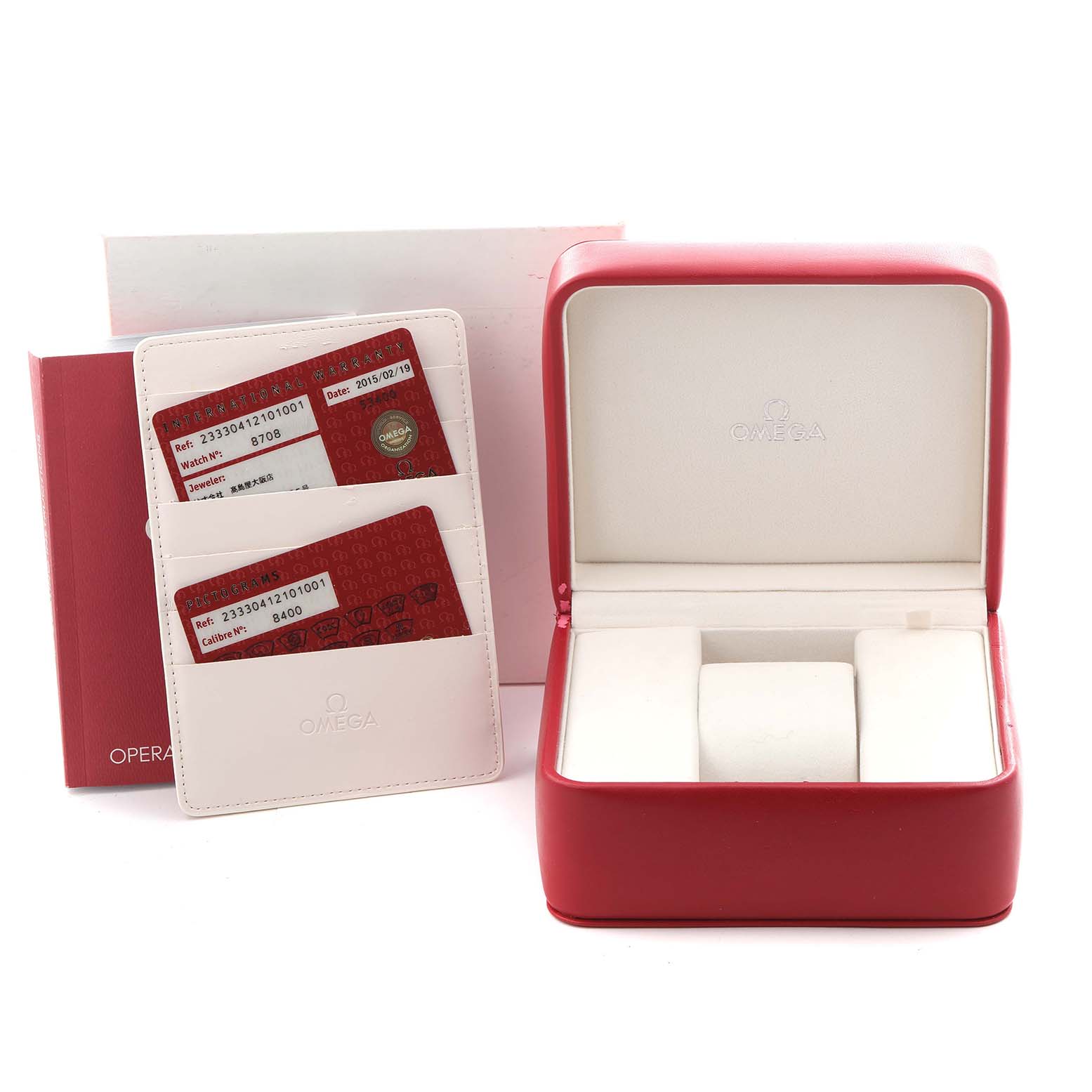 The image shows an Omega Seamaster 233.30.41.21.01.001 Men
s Stainless Steel Black Dial 233.30.41.21.01.001 Men
s Stainless Steel Black Dial box with watch cards and a holder, presented at a frontal angle.