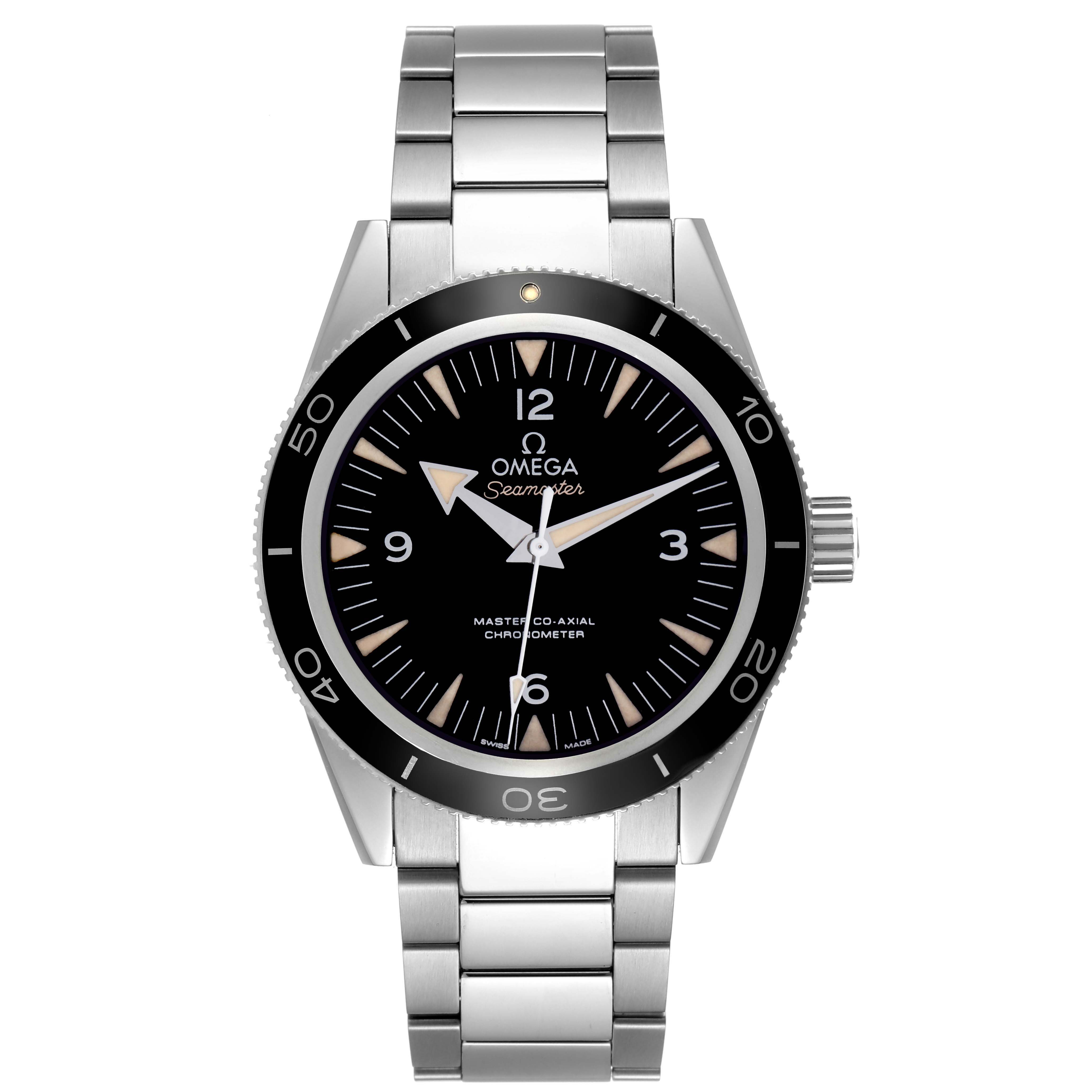 The Omega Seamaster 233.30.41.21.01.001 Men
s Stainless Steel Black Dial 233.30.41.21.01.001 Men
s Stainless Steel Black Dial watch is shown from a top view, highlighting the dial, bezel, bracelet, and crown.