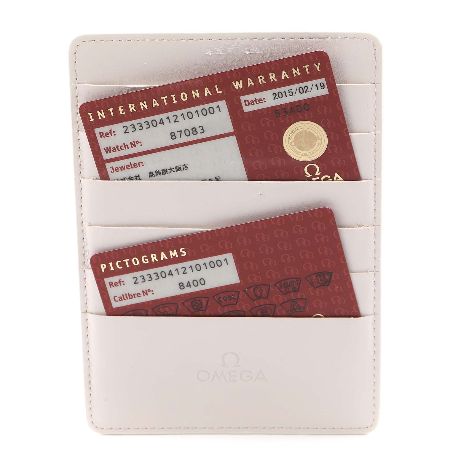 The image shows Omega Seamaster 233.30.41.21.01.001 Men
s Stainless Steel Black Dial 233.30.41.21.01.001 Men
s Stainless Steel Black Dial watch warranty and pictogram cards in a cardholder.