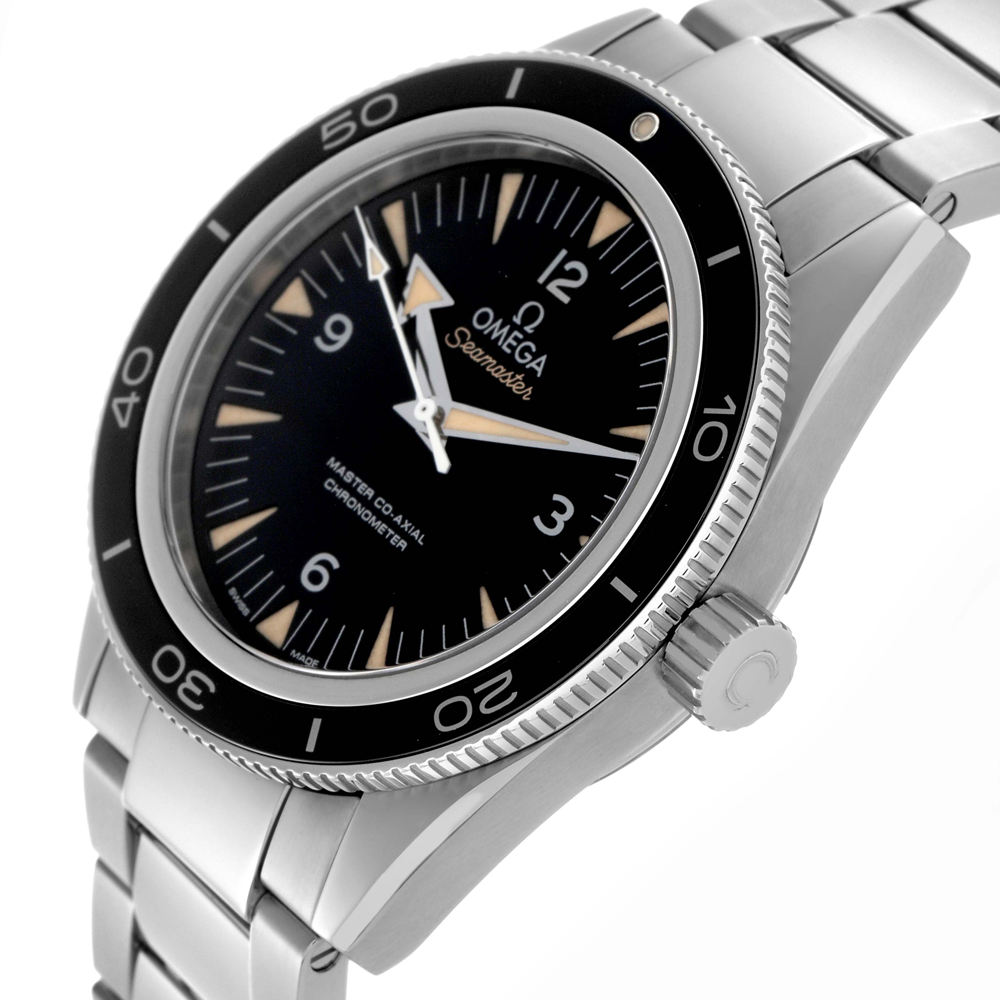 The Omega Seamaster 233.30.41.21.01.001 Men
s Stainless Steel Black Dial 233.30.41.21.01.001 Men
s Stainless Steel Black Dial watch is shown at a slight angle highlighting the dial, bezel, crown, and stainless steel bracelet.