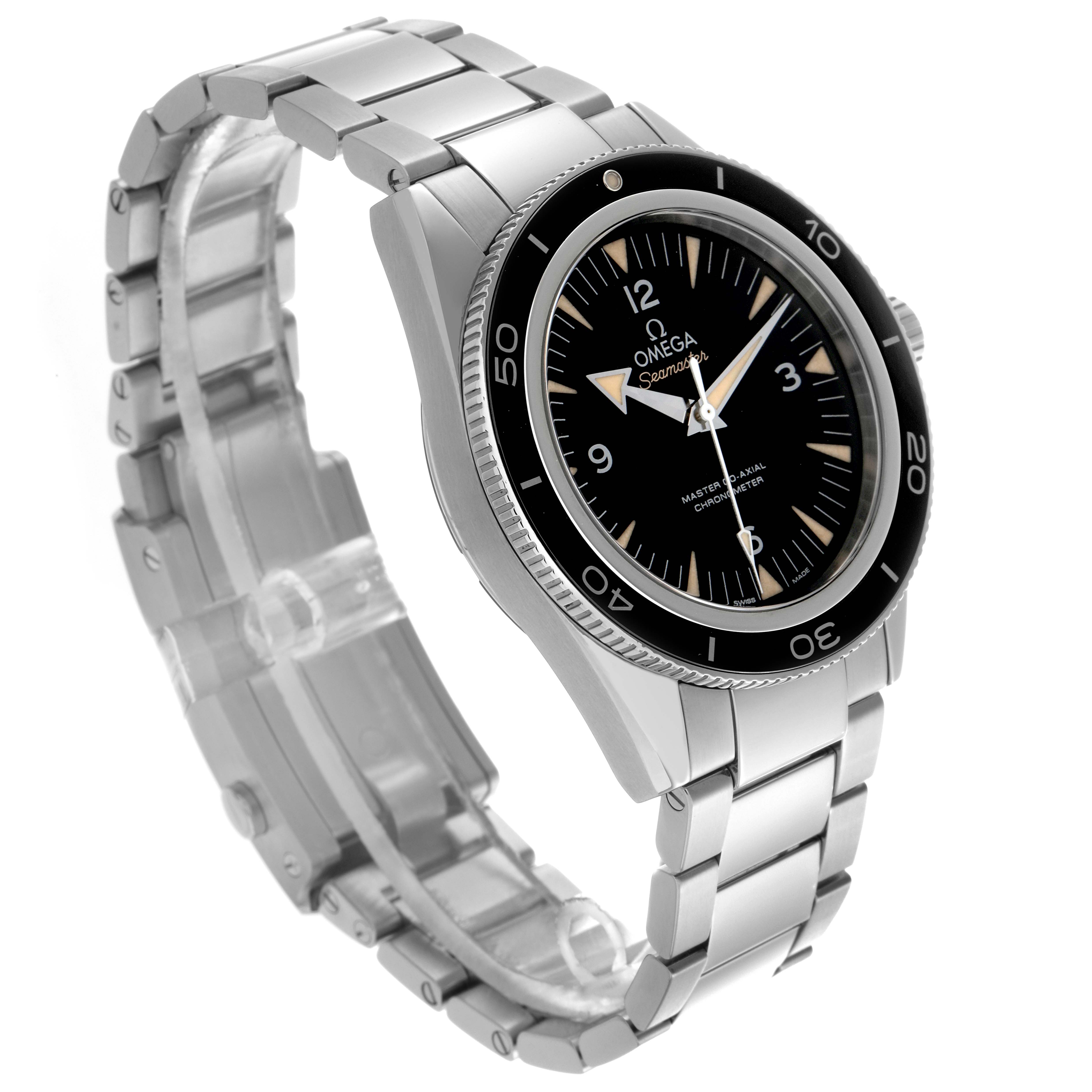 The Omega Seamaster 233.30.41.21.01.001 Men
s Stainless Steel Black Dial 233.30.41.21.01.001 Men
s Stainless Steel Black Dial watch is shown at an angled side view, displaying the bezel, dial, and stainless steel bracelet.