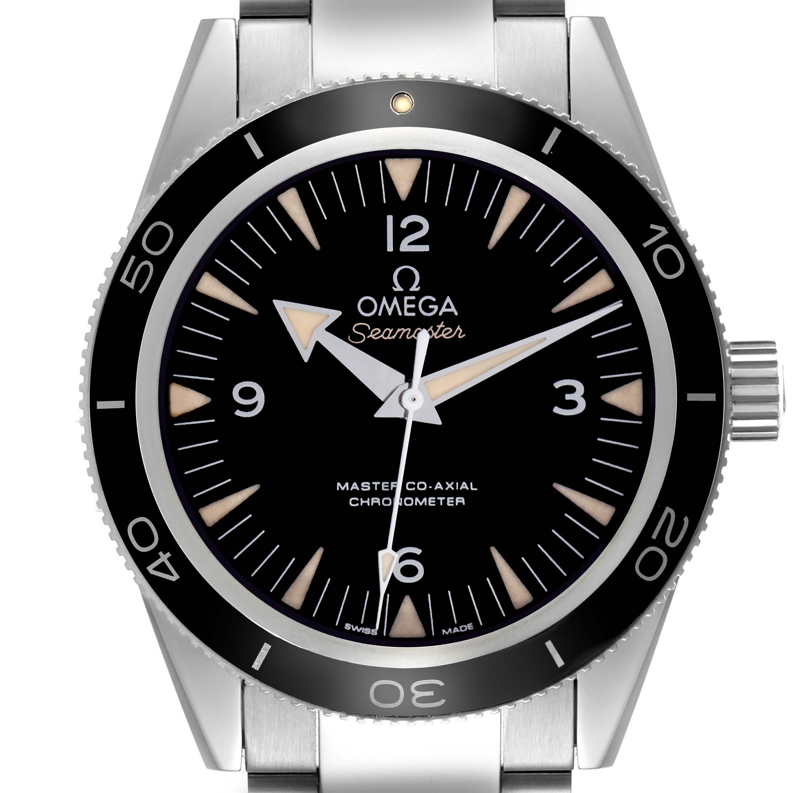 The Omega Seamaster 233.30.41.21.01.001 Men
s Stainless Steel Black Dial 233.30.41.21.01.001 Men
s Stainless Steel Black Dial watch is shown from the front, highlighting the dial, bezel, markers, and crown.