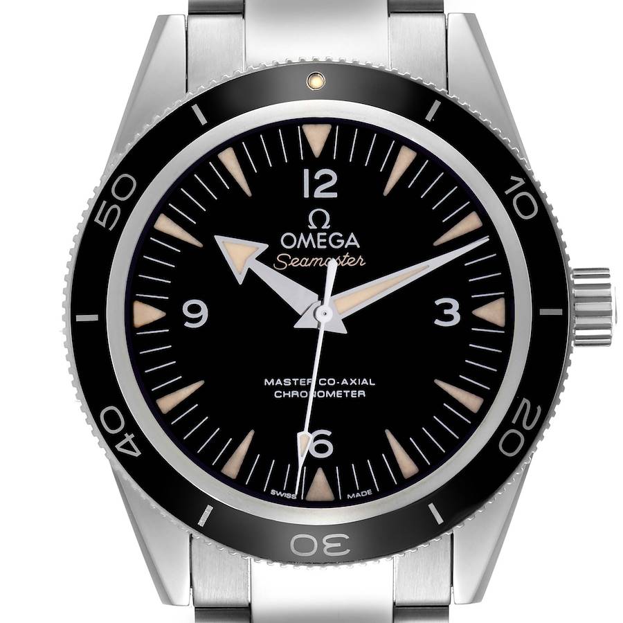 The Omega Seamaster watch is shown from the front, highlighting the dial, bezel, markers, and crown.