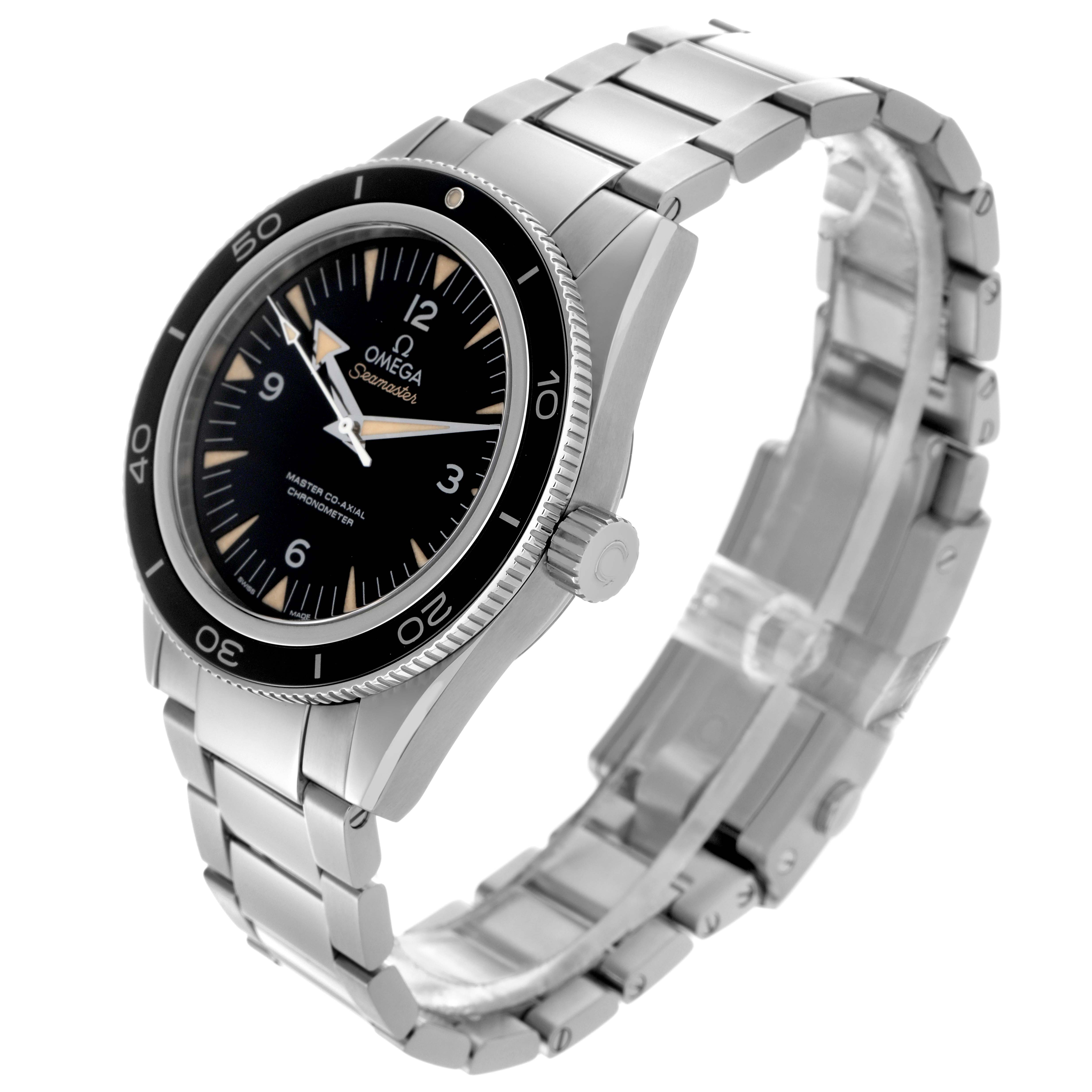 The Omega Seamaster 233.30.41.21.01.001 Men
s Stainless Steel Black Dial 233.30.41.21.01.001 Men
s Stainless Steel Black Dial watch is shown at a three-quarter angle, displaying the dial, bezel, crown, and stainless steel bracelet.