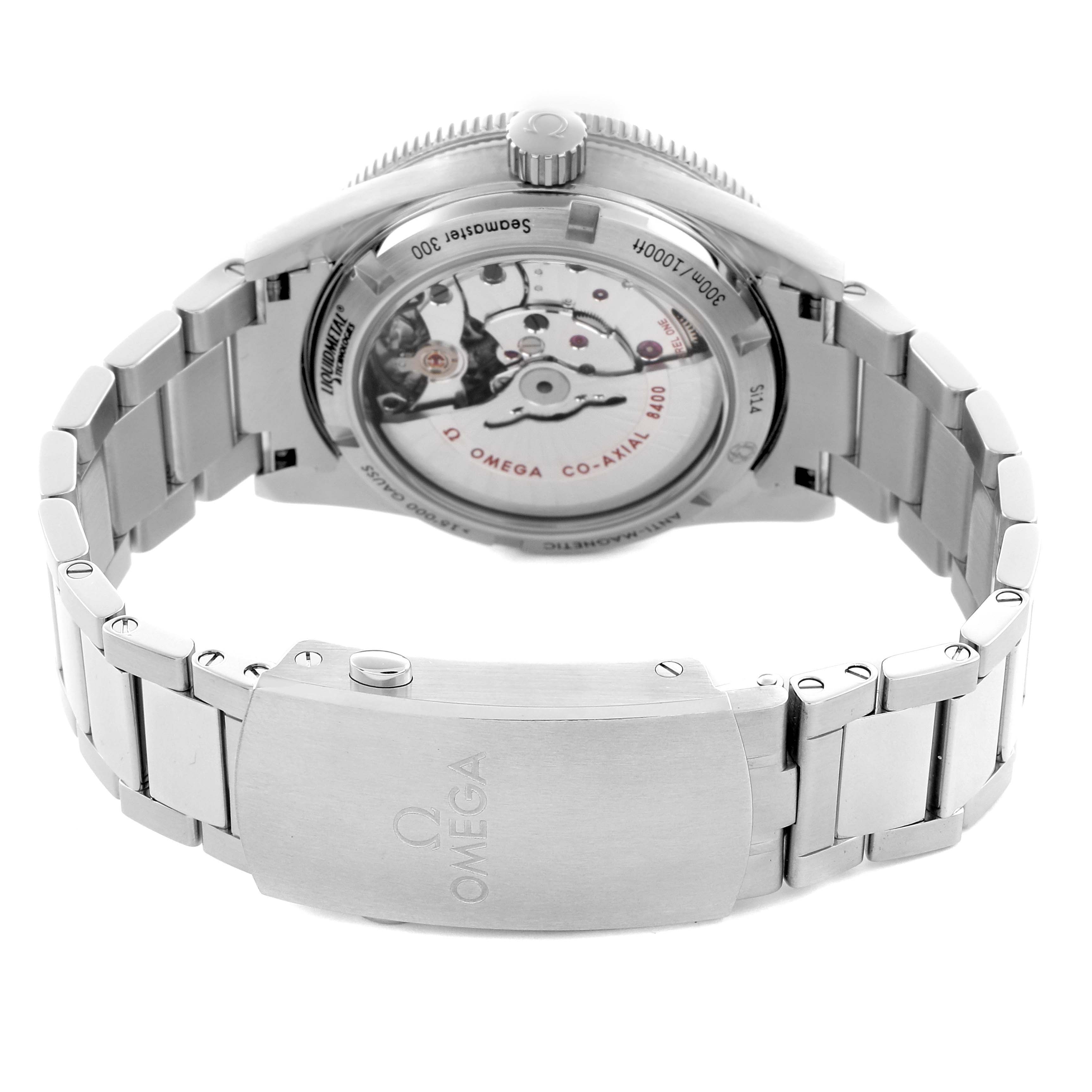 The image shows the back view of an Omega Seamaster 233.30.41.21.01.001 Men
s Stainless Steel Black Dial 233.30.41.21.01.001 Men
s Stainless Steel Black Dial, highlighting the exhibition case back and stainless steel bracelet.