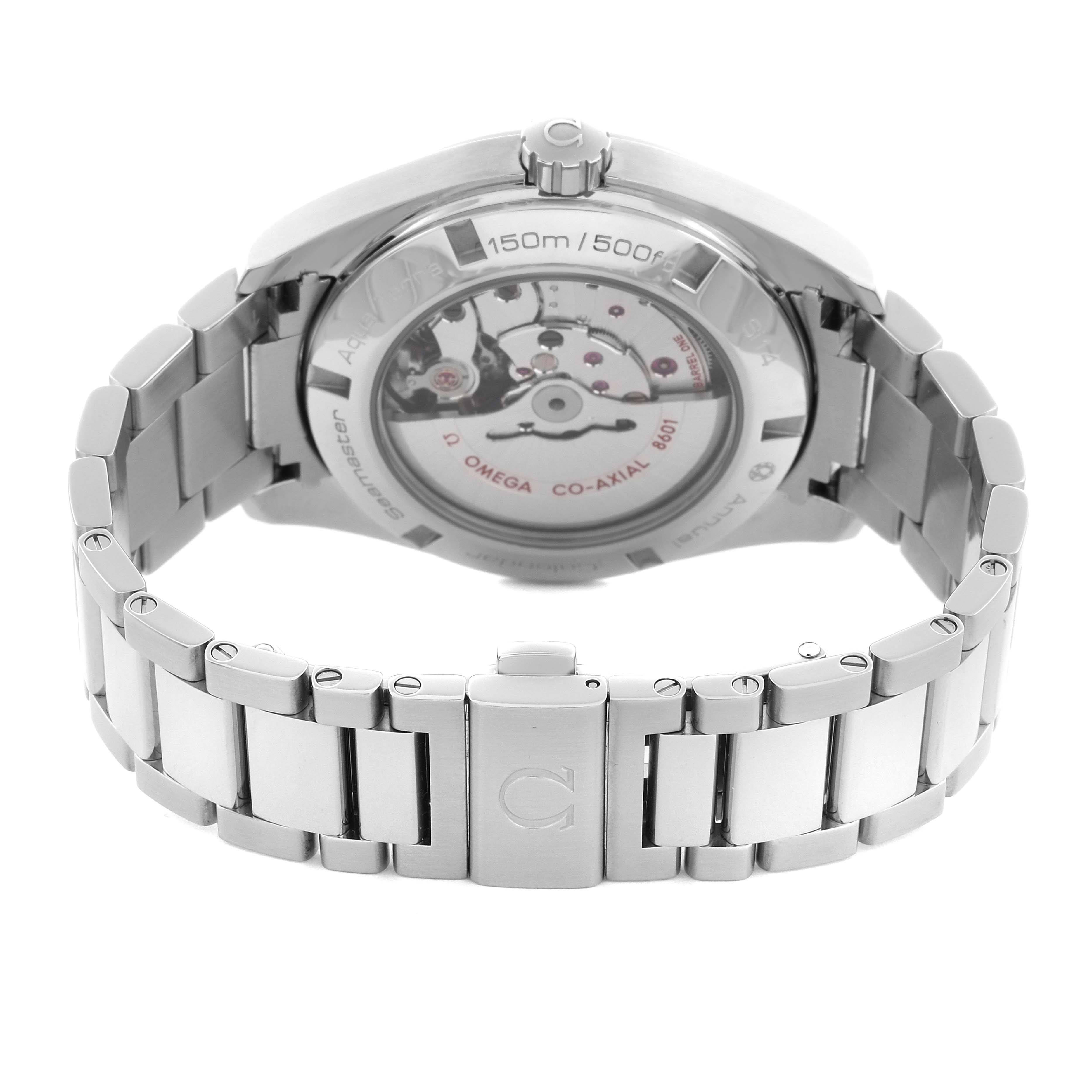 The image shows the back view of the Omega Aqua Terra 231.10.43.22.03.002 Men
s Stainless Steel Blue Dial 231.10.43.22.03.002 Men
s Stainless Steel Blue Dial watch, highlighting its transparent case back and metal bracelet.