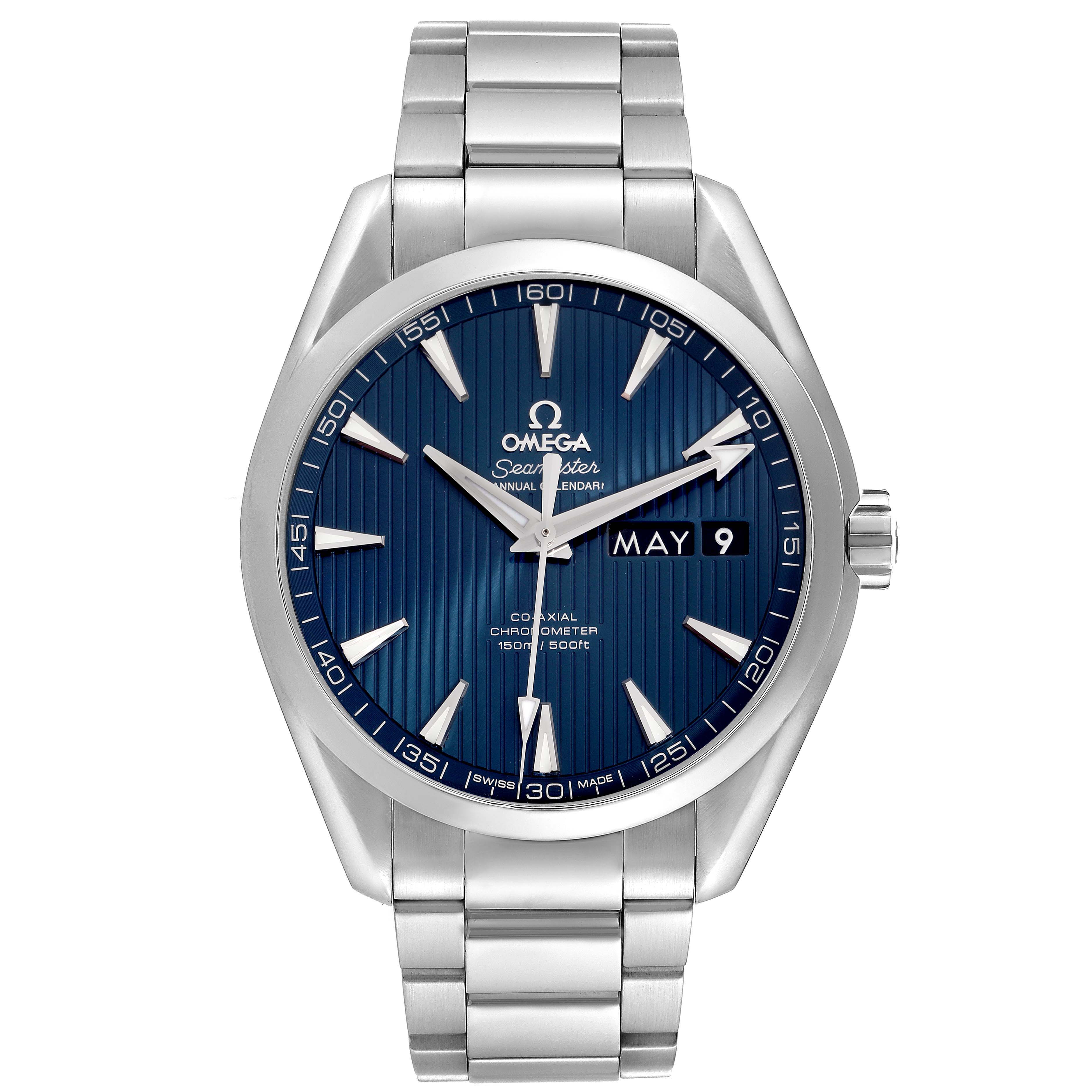 The Omega Aqua Terra 231.10.43.22.03.002 Men
s Stainless Steel Blue Dial 231.10.43.22.03.002 Men
s Stainless Steel Blue Dial watch is shown from the front, displaying its blue dial, date window, and stainless steel bracelet.