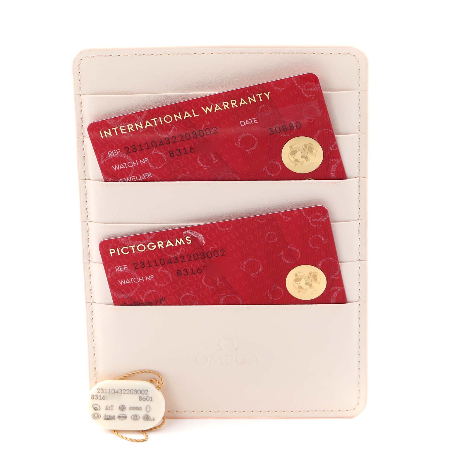 The image shows the warranty and pictogram cards for the Omega Aqua Terra 231.10.43.22.03.002 Men
s Stainless Steel Blue Dial 231.10.43.22.03.002 Men
s Stainless Steel Blue Dial, along with an Omega cardholder and tag.