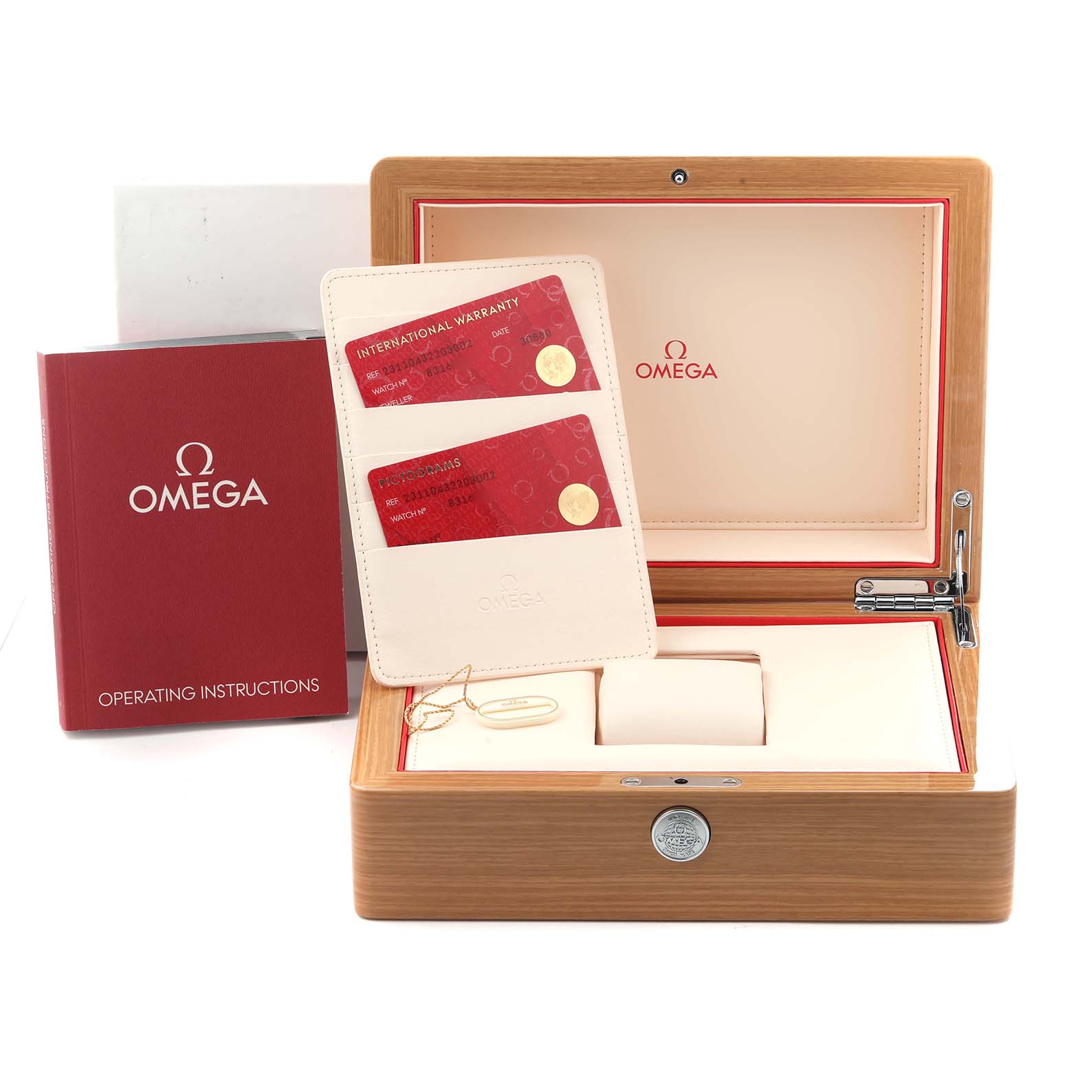 The image shows an Omega Aqua Terra 231.10.43.22.03.002 Men
s Stainless Steel Blue Dial 231.10.43.22.03.002 Men
s Stainless Steel Blue Dial watch box, instruction manual, warranty cards, and a cardholder from a frontal angle.