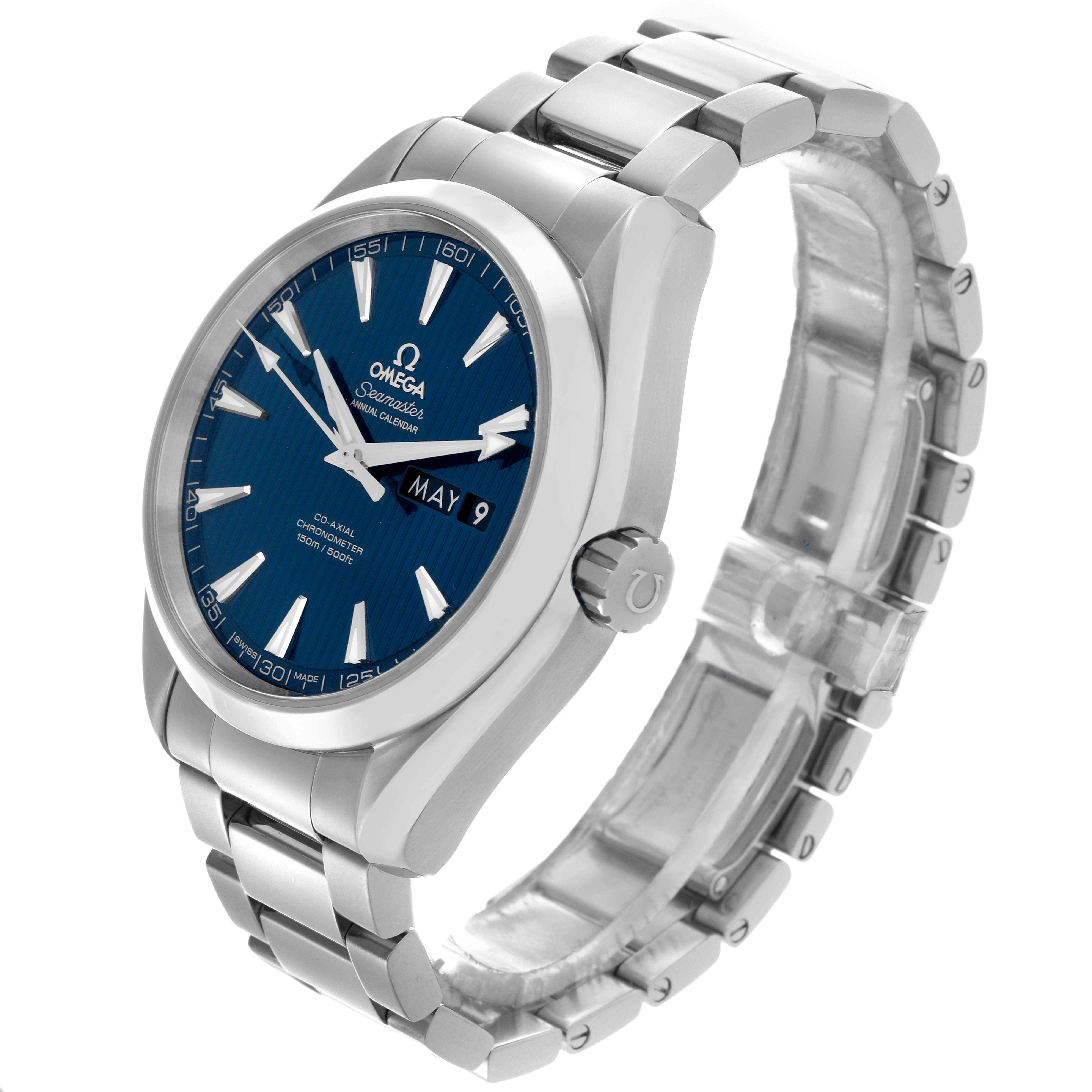 The Omega Aqua Terra 231.10.43.22.03.002 Men
s Stainless Steel Blue Dial 231.10.43.22.03.002 Men
s Stainless Steel Blue Dial watch is shown at a three-quarter angle, highlighting the dial, bracelet, and crown.