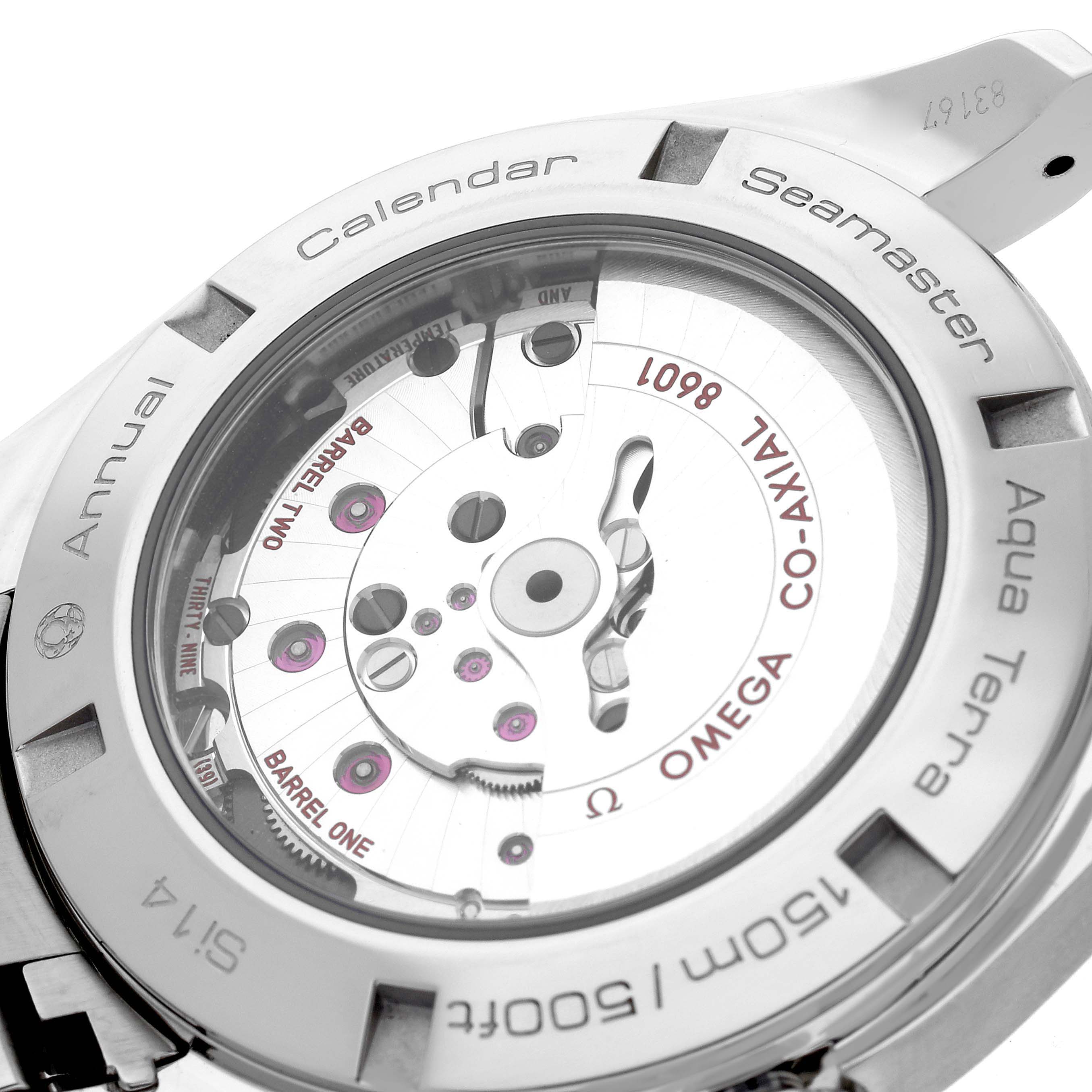 The image shows the back of the Omega Aqua Terra 231.10.43.22.03.002 Men
s Stainless Steel Blue Dial 231.10.43.22.03.002 Men
s Stainless Steel Blue Dial watch, highlighting its mechanical movement and "Co-Axial" label.