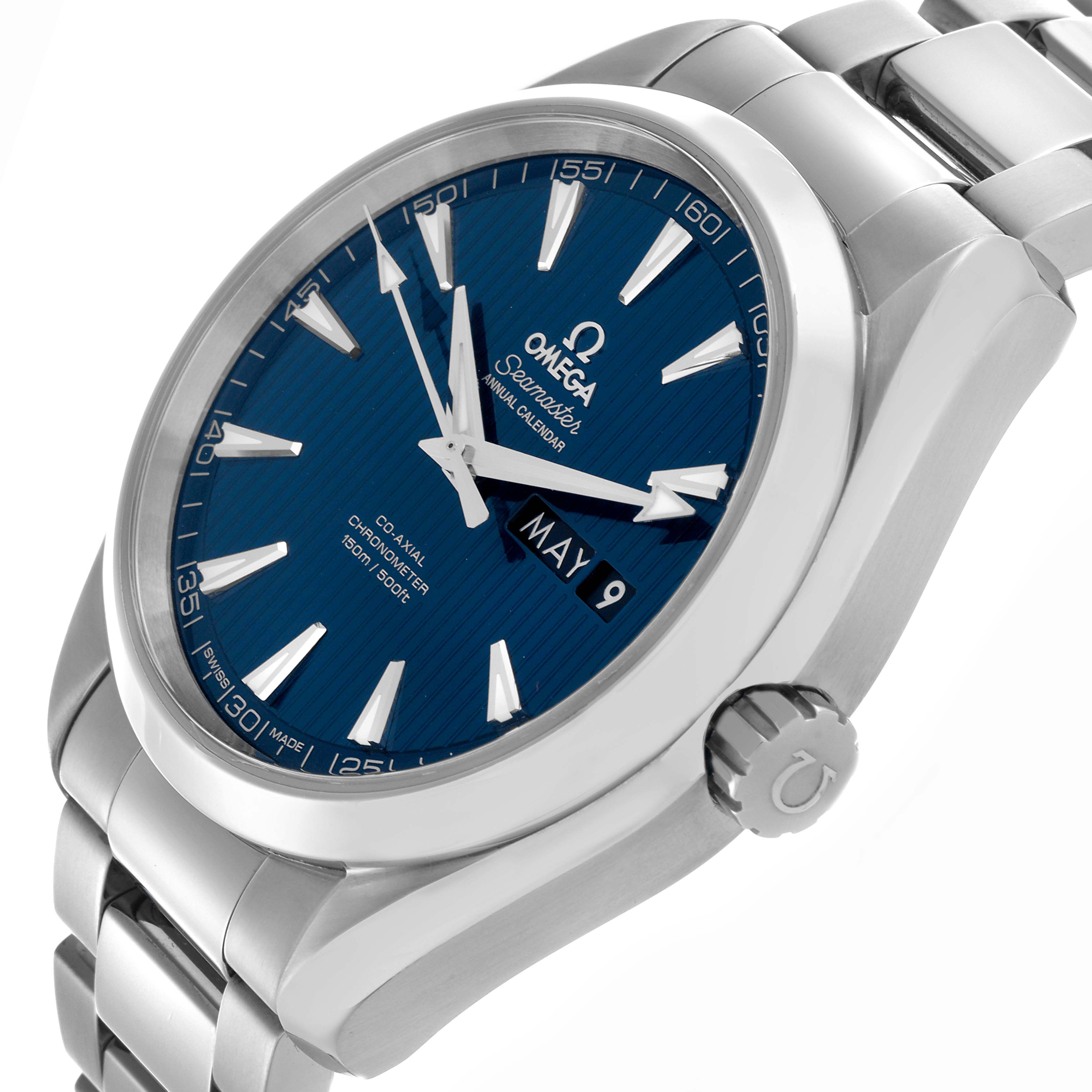 The Omega Aqua Terra 231.10.43.22.03.002 Men
s Stainless Steel Blue Dial 231.10.43.22.03.002 Men
s Stainless Steel Blue Dial watch is shown at an angled close-up, displaying the blue dial, hands, markers, date, crown, and part of the bracelet.