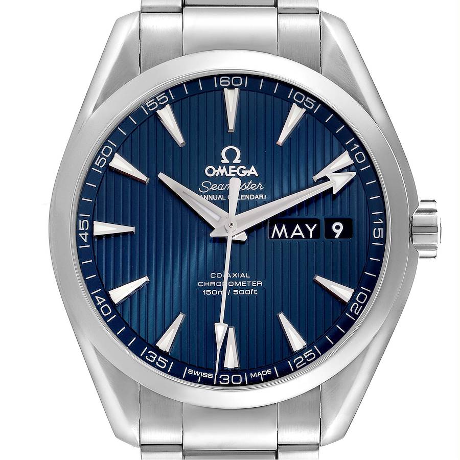 The Omega Aqua Terra watch is shown from the front, displaying the face, bezel, and part of the bracelet.